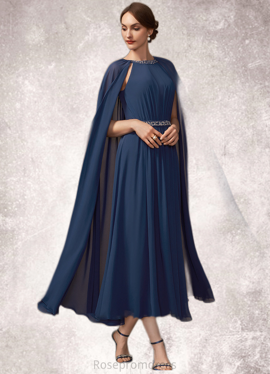 Giana A-Line Scoop Neck Tea-Length Chiffon Mother of the Bride Dress With Beading SRS126P0014934