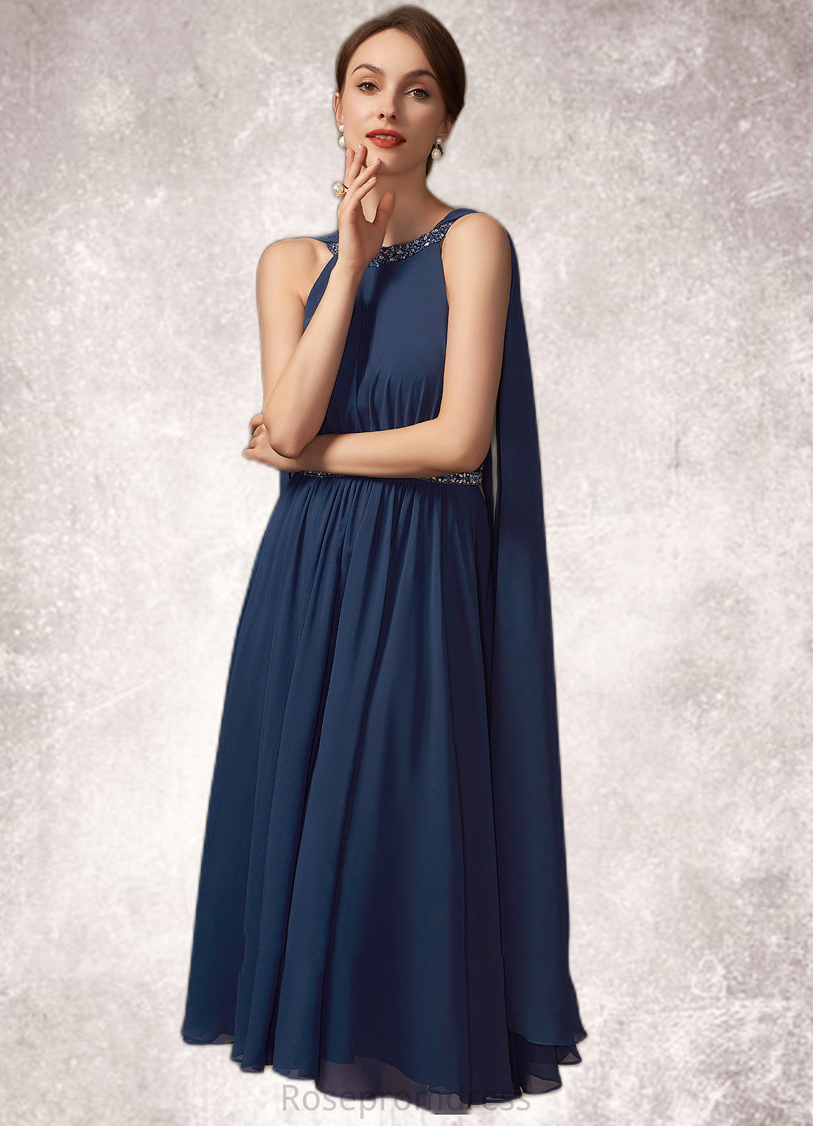 Giana A-Line Scoop Neck Tea-Length Chiffon Mother of the Bride Dress With Beading SRS126P0014934