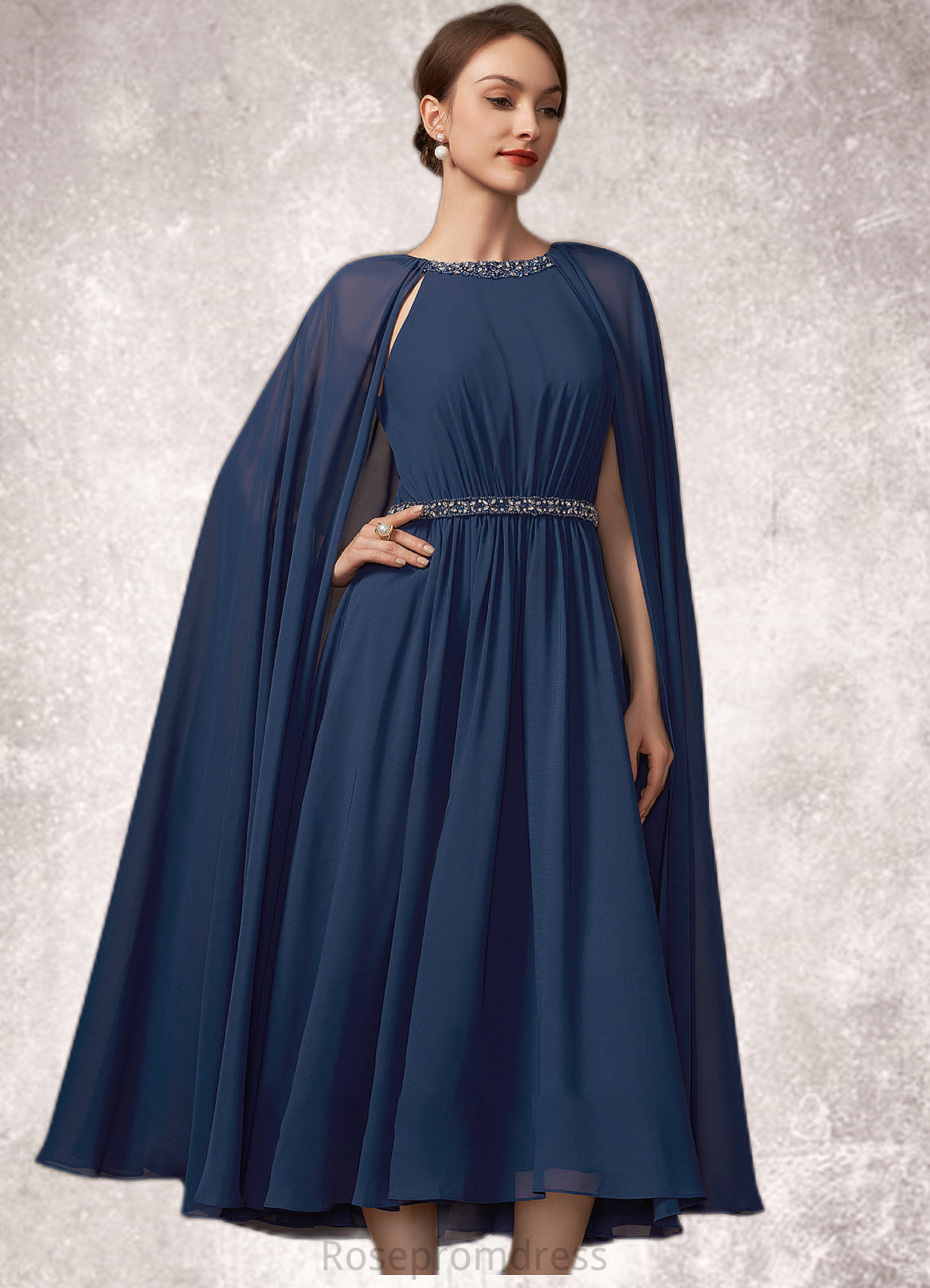 Giana A-Line Scoop Neck Tea-Length Chiffon Mother of the Bride Dress With Beading SRS126P0014934