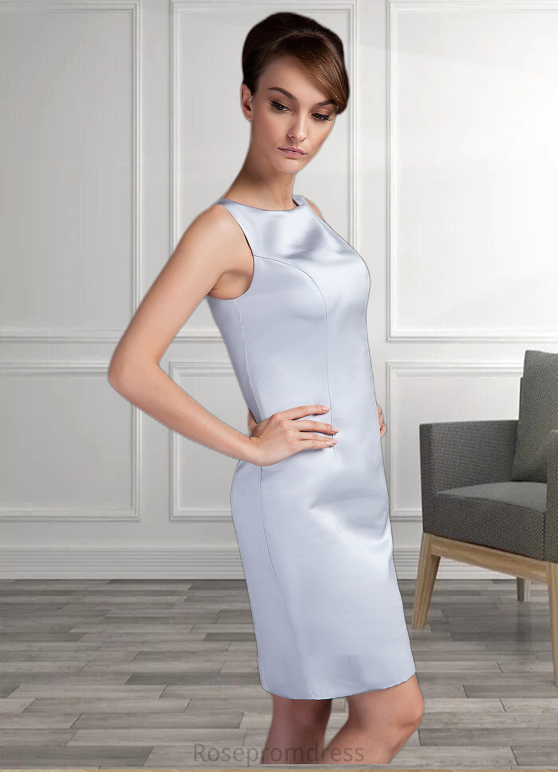 Karly Sheath/Column Scoop Neck Knee-Length Satin Mother of the Bride Dress SRS126P0014937