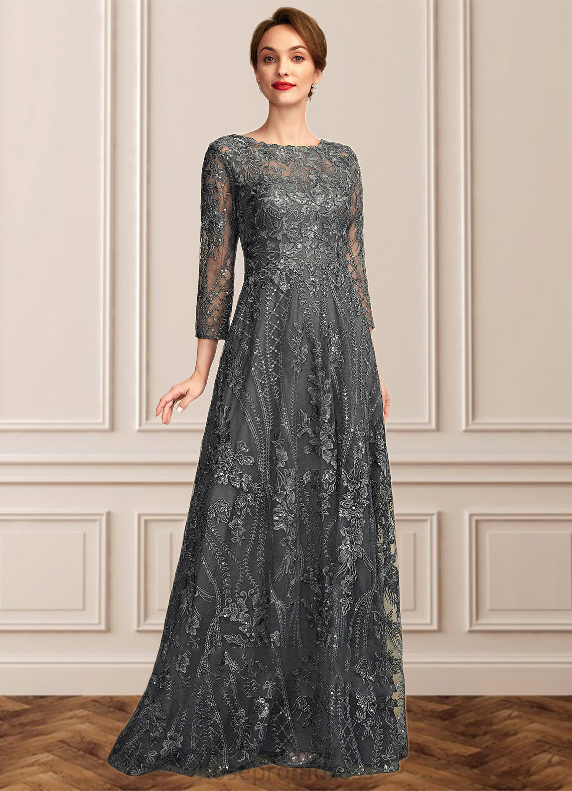 Ruby A-Line Scoop Neck Floor-Length Lace Mother of the Bride Dress With Sequins SRS126P0014939