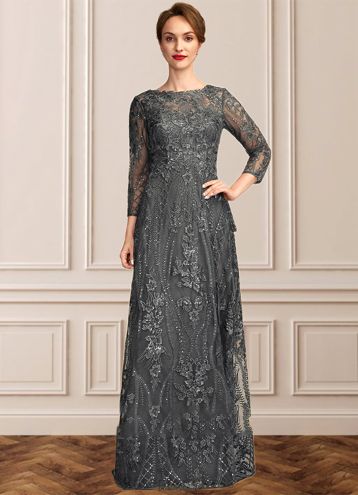 Ruby A-Line Scoop Neck Floor-Length Lace Mother of the Bride Dress With Sequins SRS126P0014939