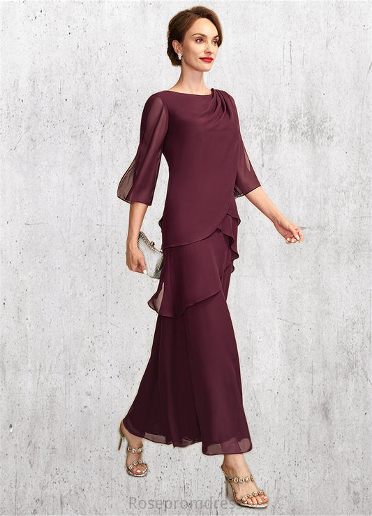 Isabela A-Line Scoop Neck Ankle-Length Chiffon Mother of the Bride Dress With Cascading Ruffles SRS126P0014941