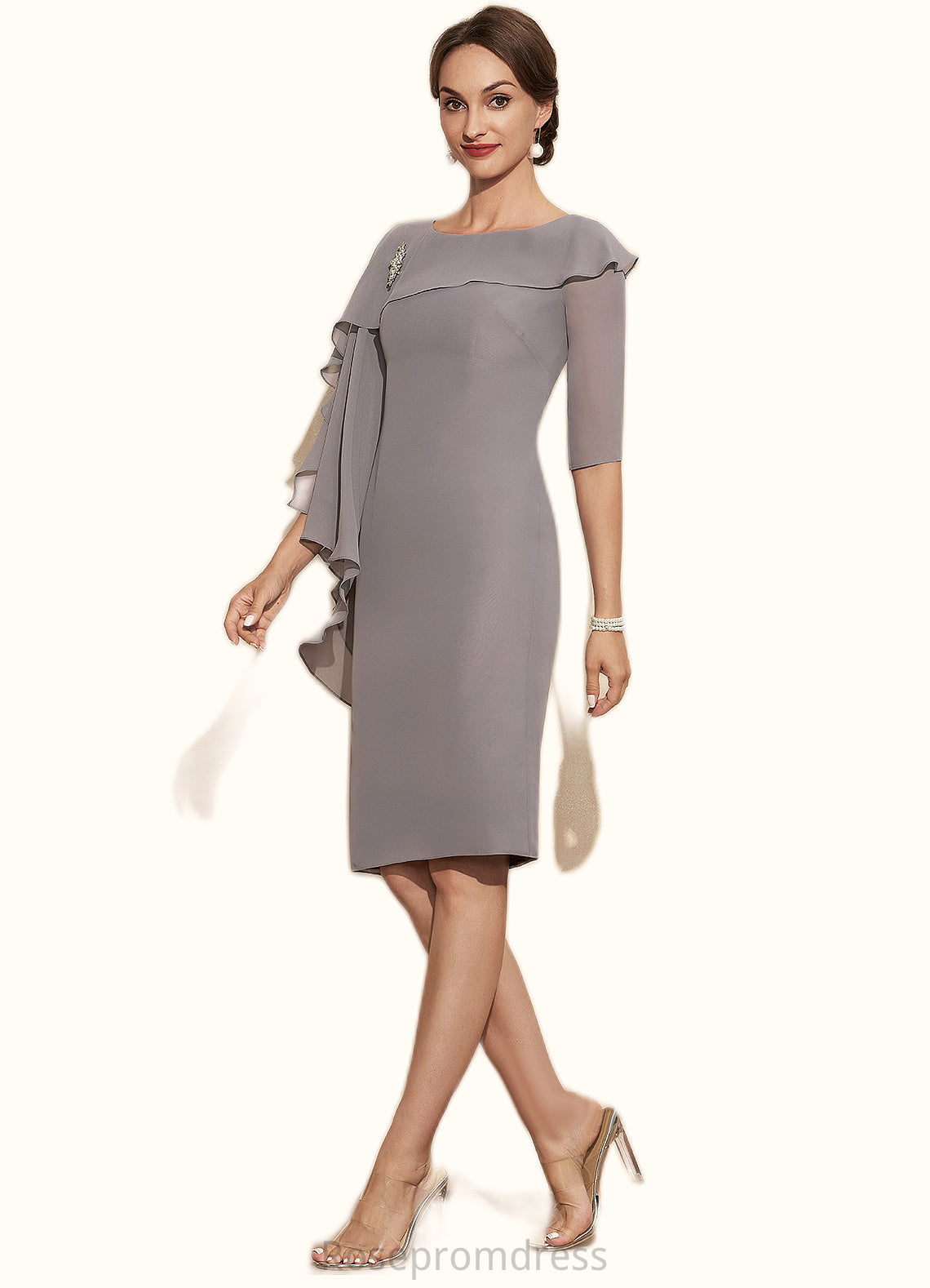 Rihanna Sheath/Column Scoop Neck Knee-Length Chiffon Mother of the Bride Dress With Crystal Brooch Cascading Ruffles SRS126P0014943