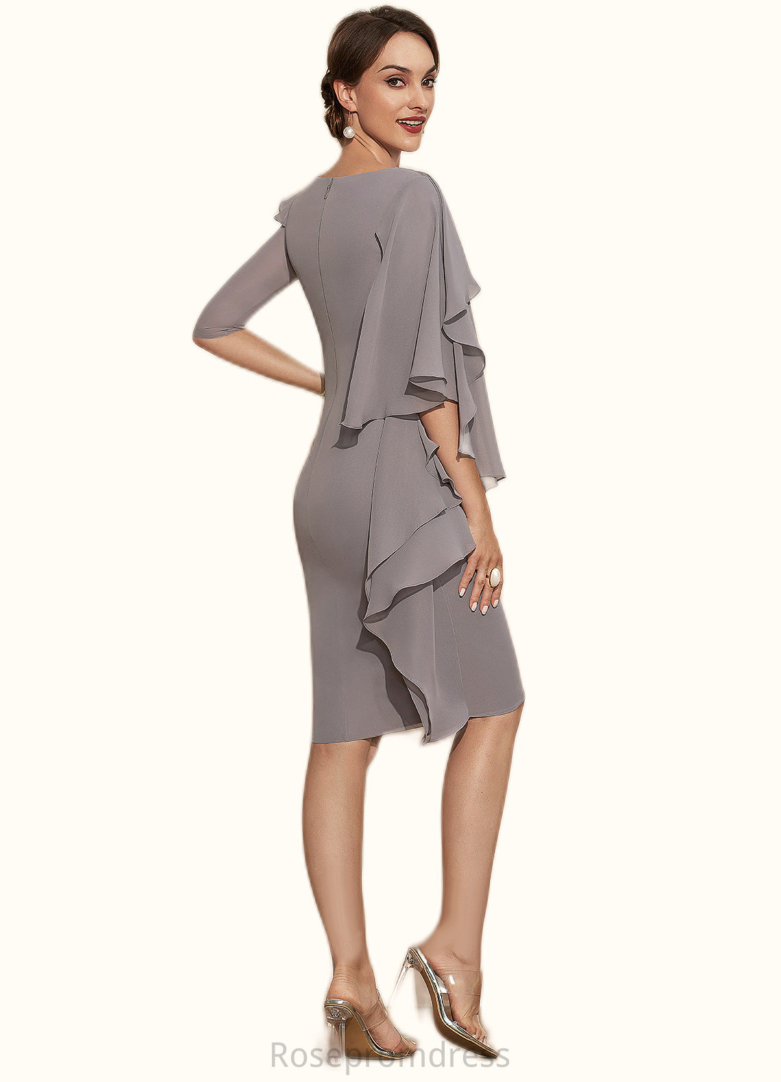 Rihanna Sheath/Column Scoop Neck Knee-Length Chiffon Mother of the Bride Dress With Crystal Brooch Cascading Ruffles SRS126P0014943
