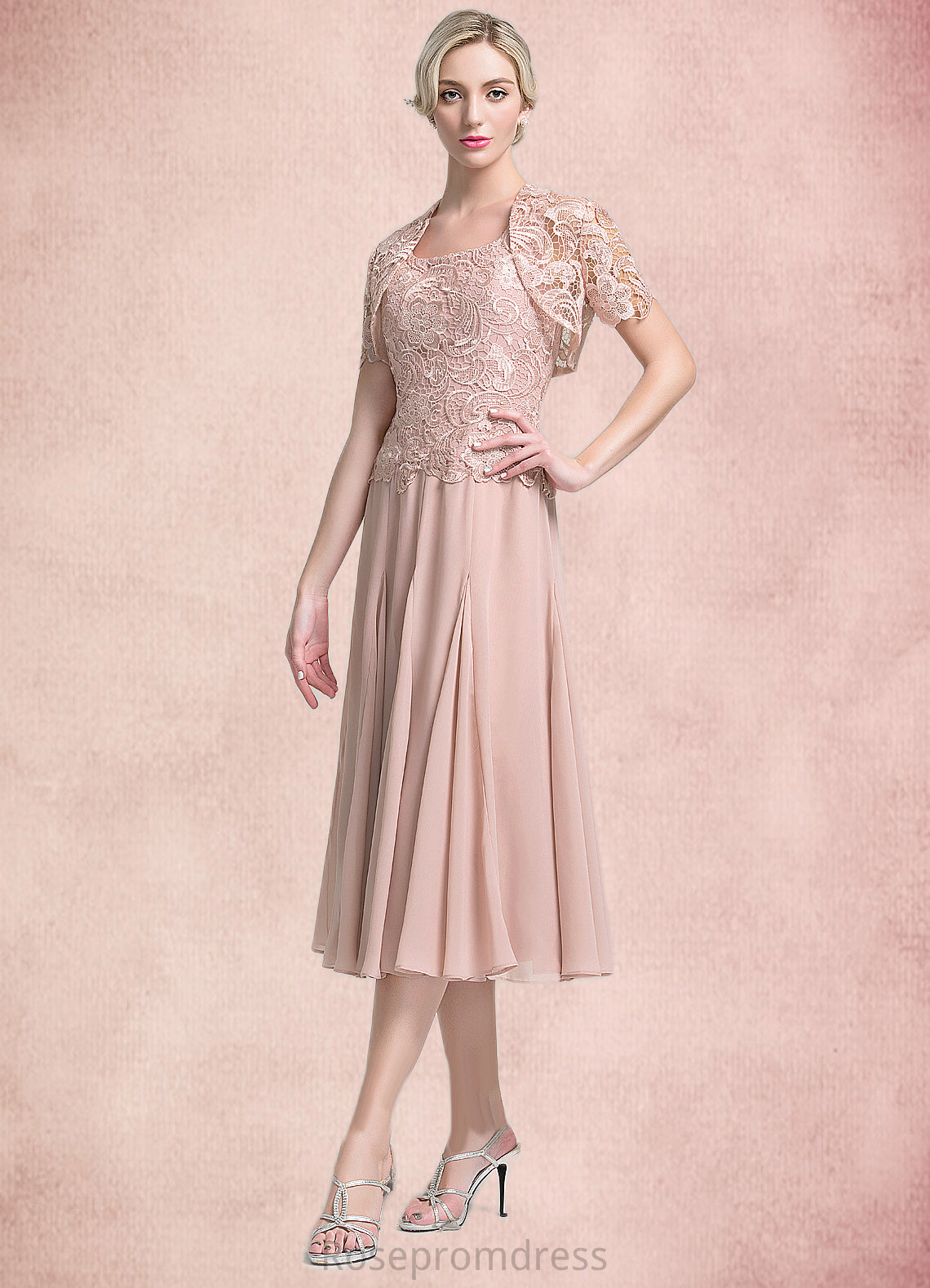 Pamela A-Line Square Neckline Tea-Length Chiffon Mother of the Bride Dress SRS126P0014947