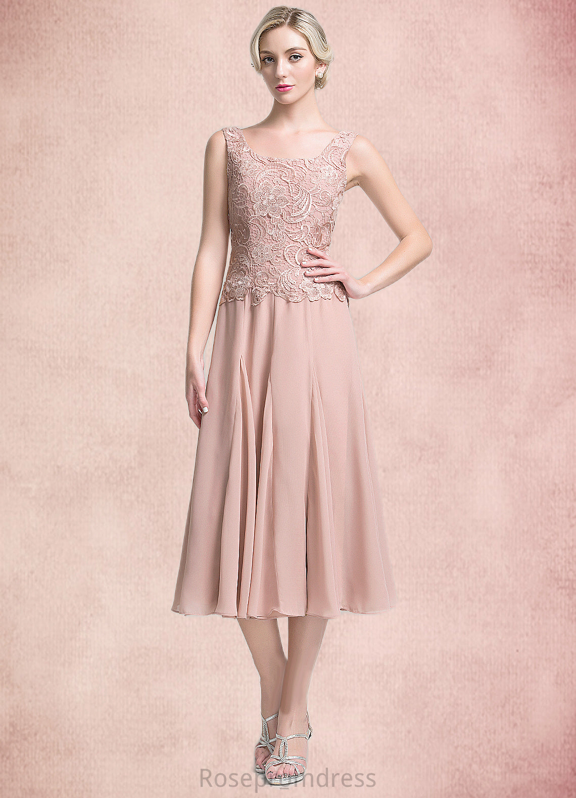 Pamela A-Line Square Neckline Tea-Length Chiffon Mother of the Bride Dress SRS126P0014947