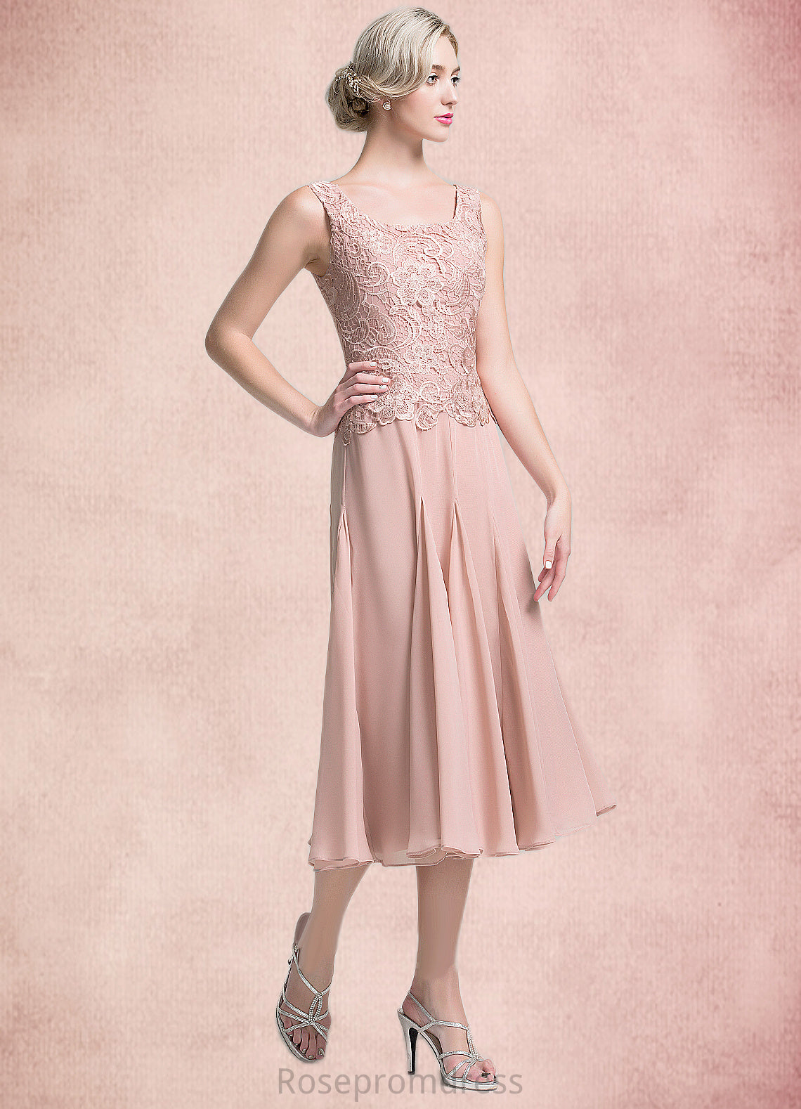 Pamela A-Line Square Neckline Tea-Length Chiffon Mother of the Bride Dress SRS126P0014947