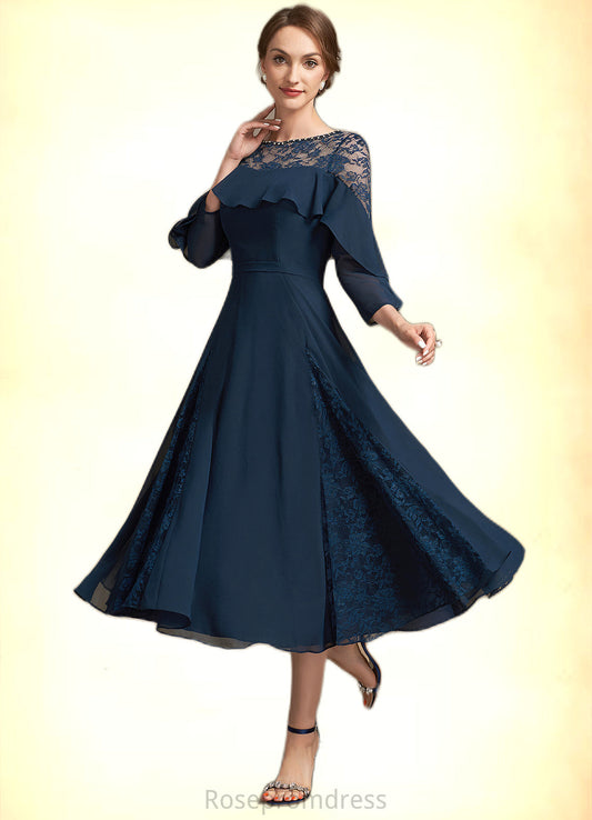 Annabella A-Line Scoop Neck Tea-Length Chiffon Lace Mother of the Bride Dress With Beading Cascading Ruffles SRS126P0014952