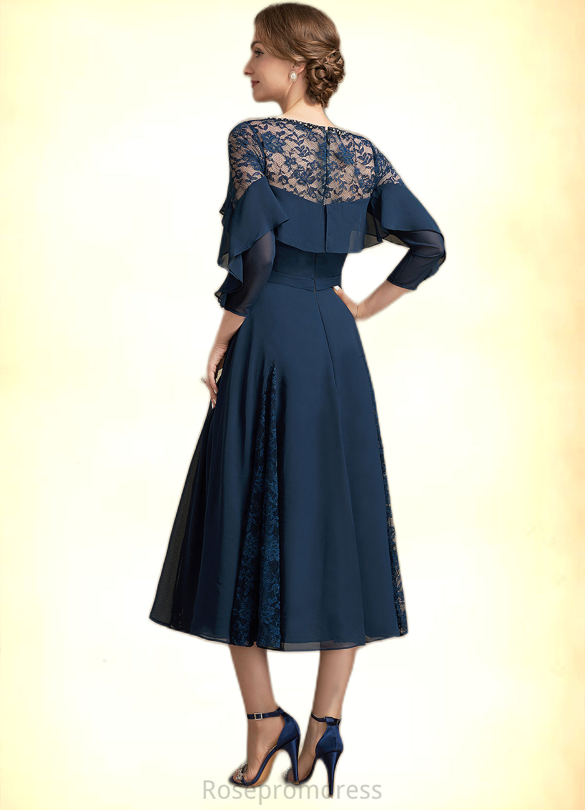 Annabella A-Line Scoop Neck Tea-Length Chiffon Lace Mother of the Bride Dress With Beading Cascading Ruffles SRS126P0014952