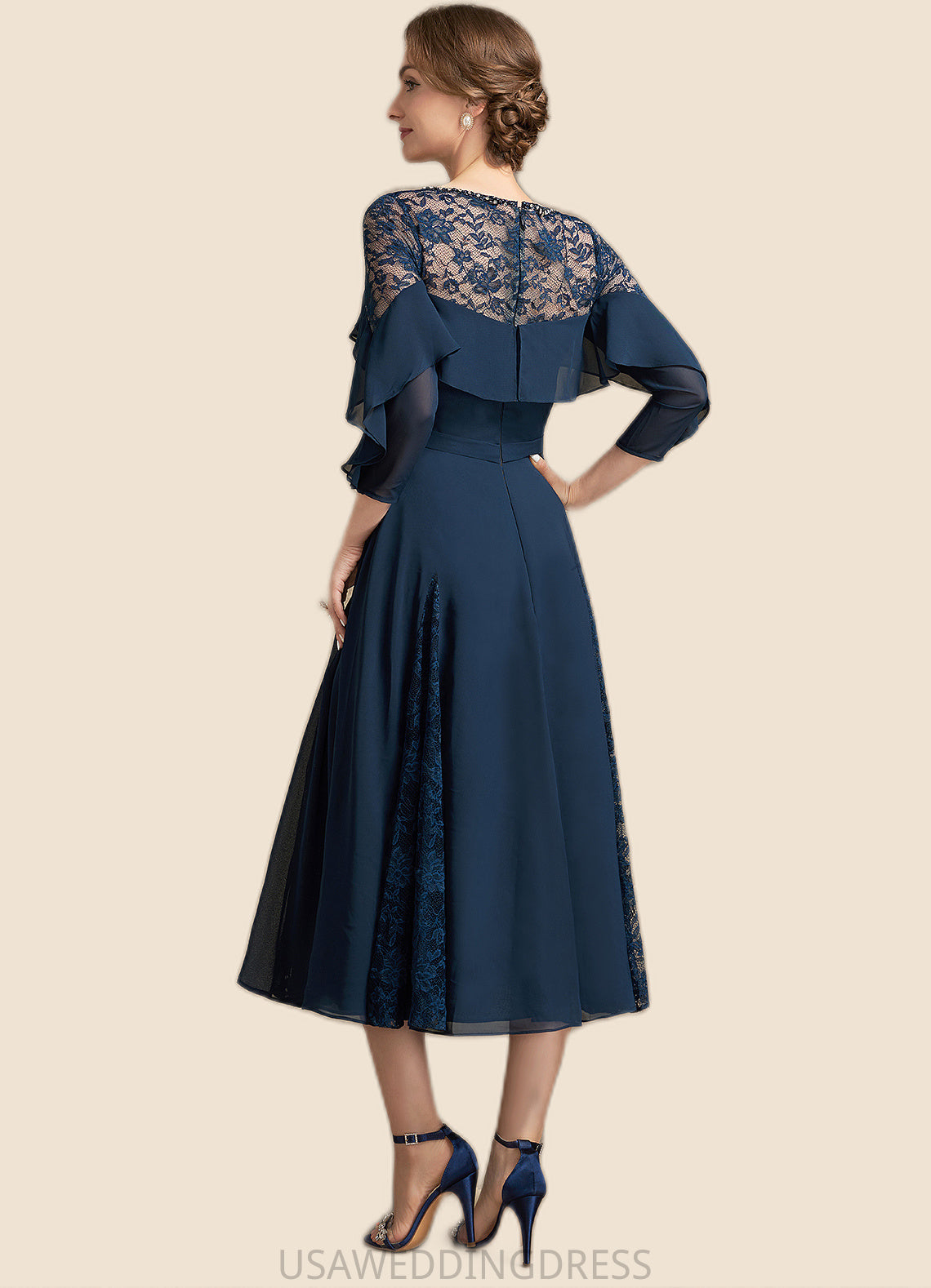 Caitlin A-Line Scoop Neck Tea-Length Chiffon Lace Mother of the Bride Dress With Beading Cascading Ruffles DS126P0014952