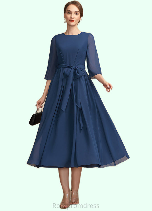 Paisley A-Line Scoop Neck Tea-Length Chiffon Mother of the Bride Dress With Ruffle Bow(s) SRS126P0014954