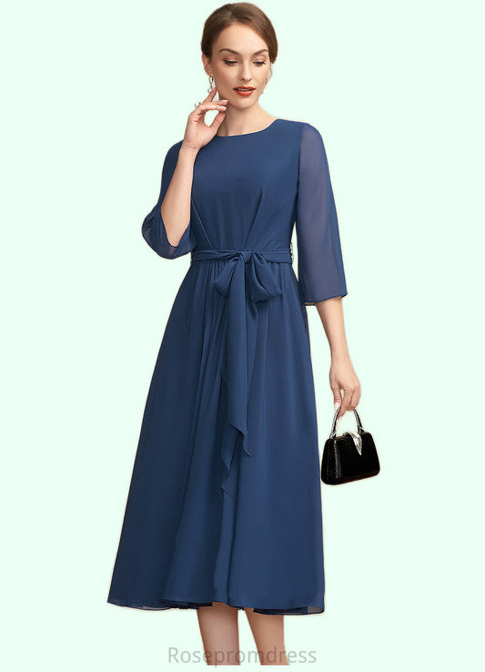 Paisley A-Line Scoop Neck Tea-Length Chiffon Mother of the Bride Dress With Ruffle Bow(s) SRS126P0014954