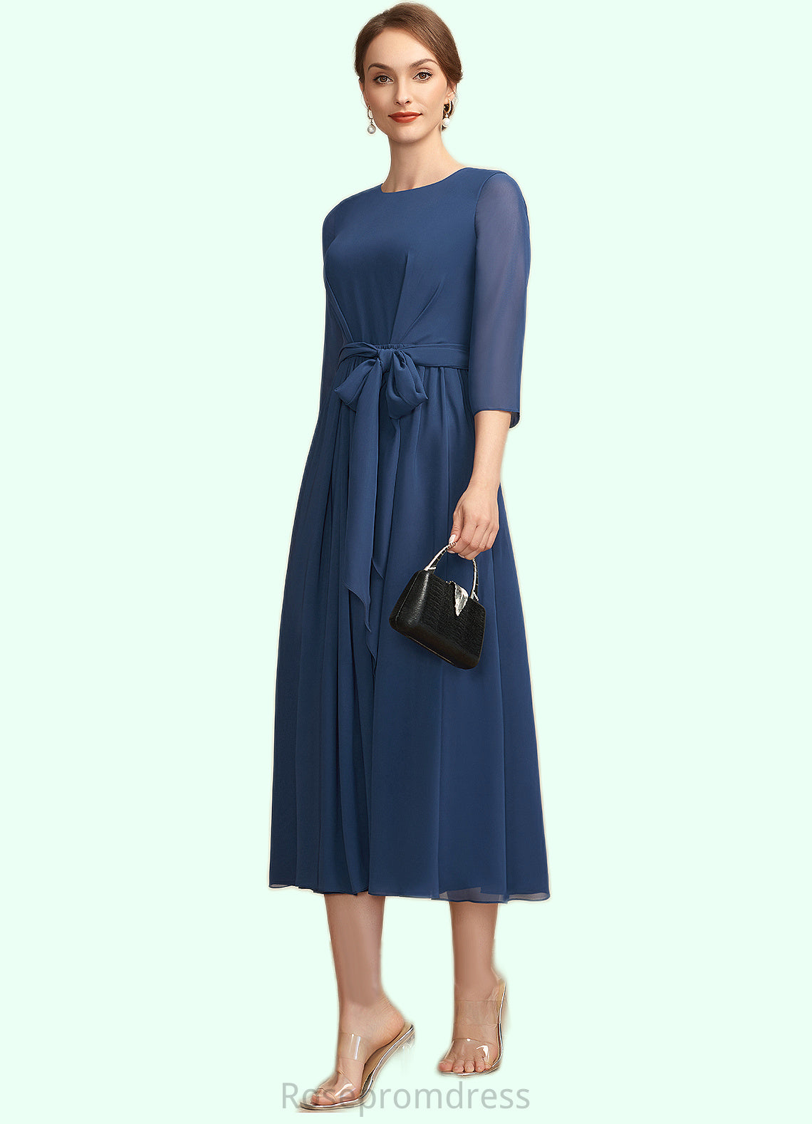 Paisley A-Line Scoop Neck Tea-Length Chiffon Mother of the Bride Dress With Ruffle Bow(s) SRS126P0014954