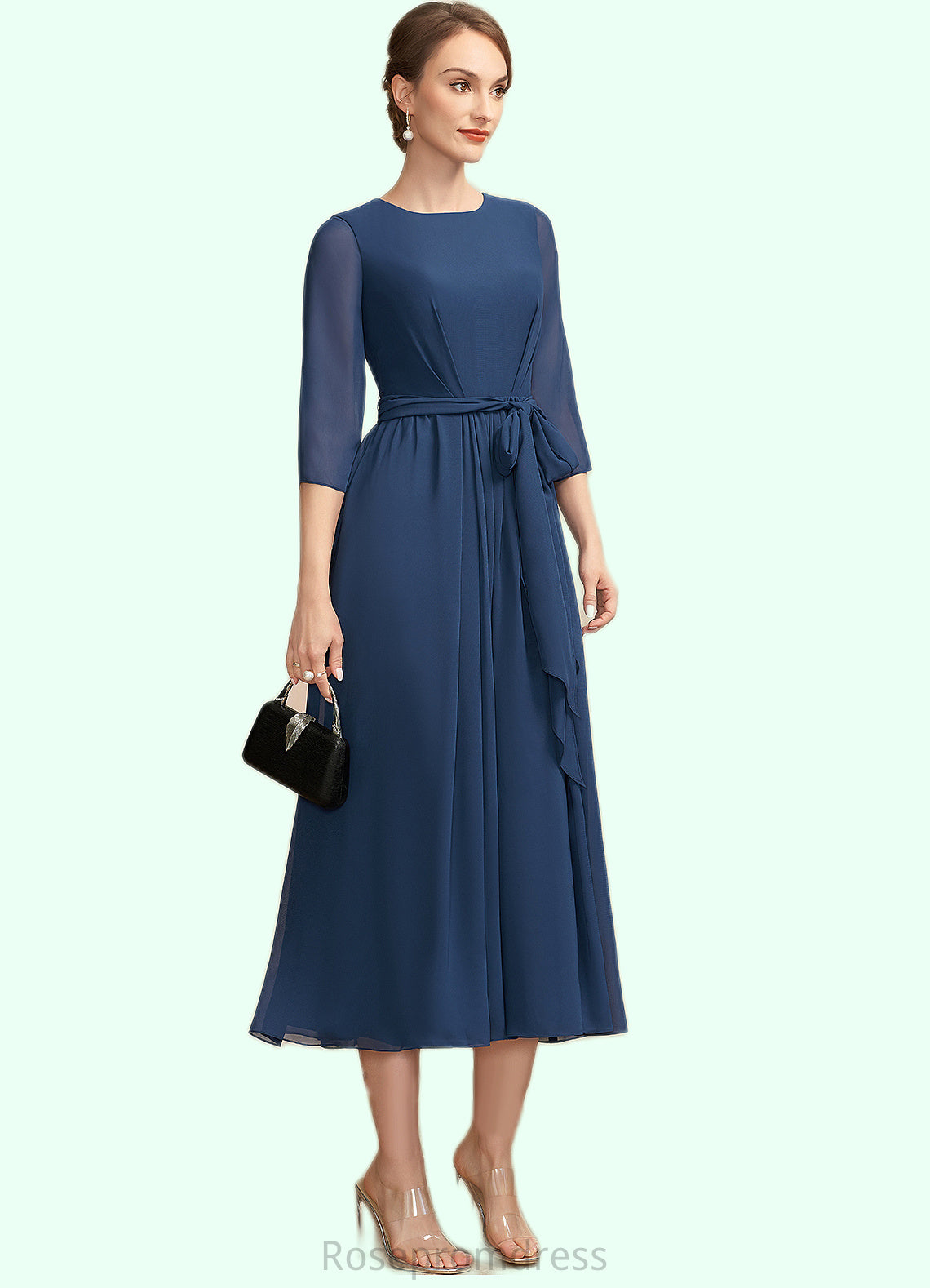 Paisley A-Line Scoop Neck Tea-Length Chiffon Mother of the Bride Dress With Ruffle Bow(s) SRS126P0014954