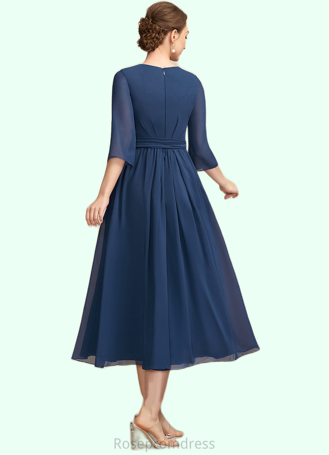 Paisley A-Line Scoop Neck Tea-Length Chiffon Mother of the Bride Dress With Ruffle Bow(s) SRS126P0014954