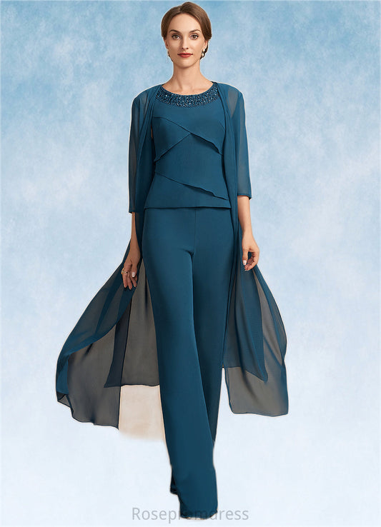 Eva Jumpsuit/Pantsuit Scoop Neck Floor-Length Chiffon Mother of the Bride Dress With Beading Cascading Ruffles SRS126P0014956