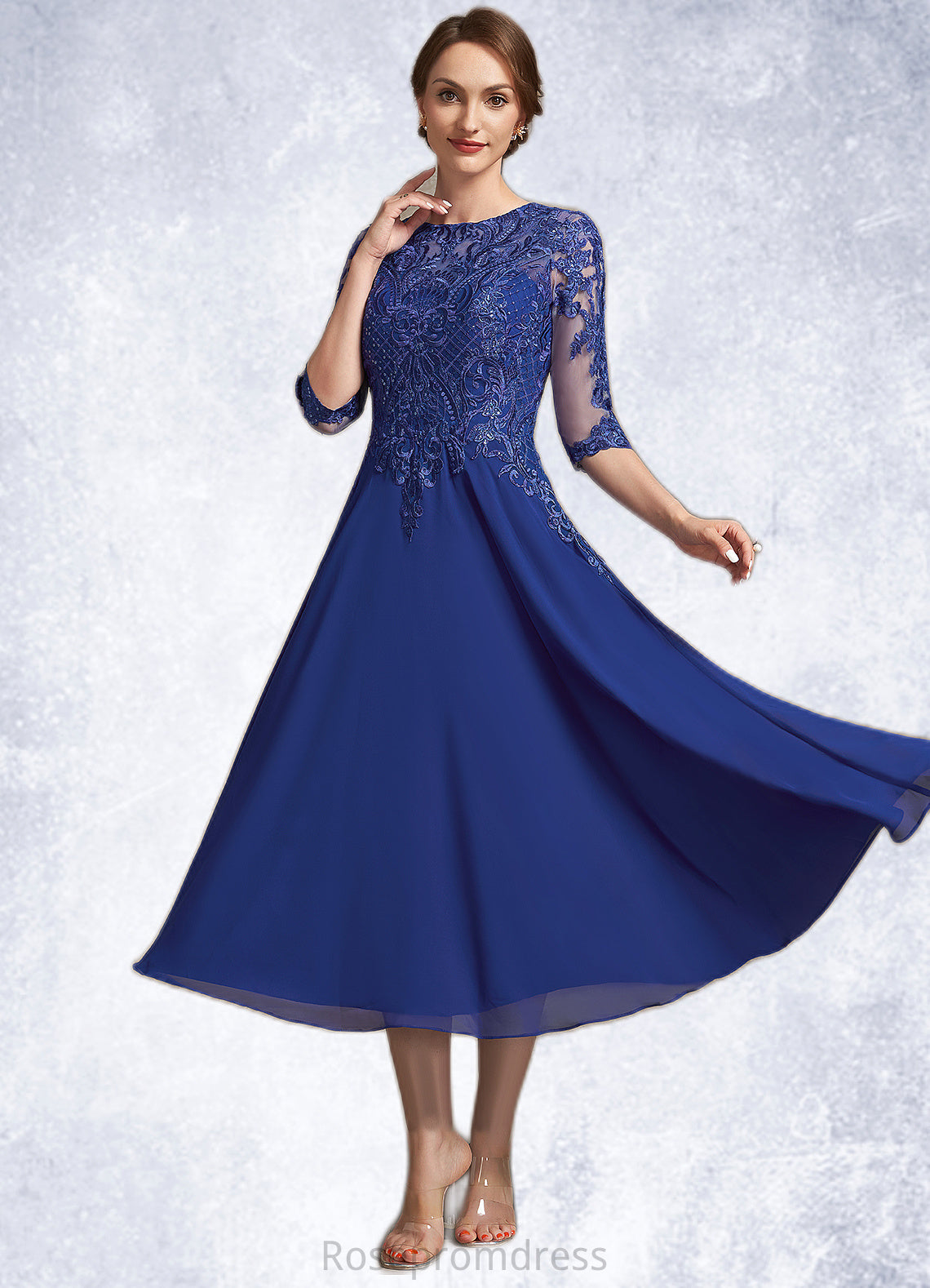 Nyla A-Line Scoop Neck Tea-Length Chiffon Lace Mother of the Bride Dress With Sequins SRS126P0014959