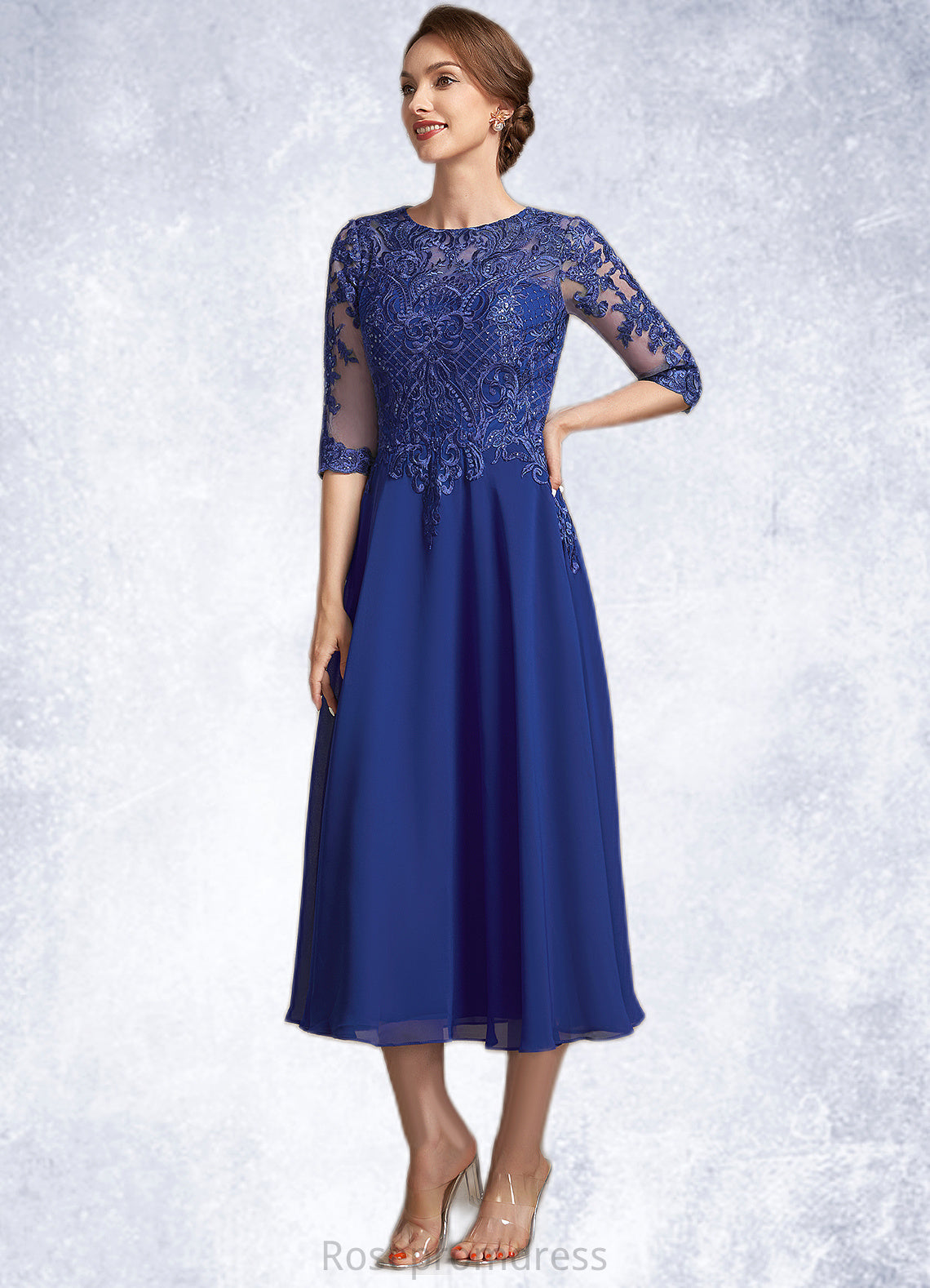 Nyla A-Line Scoop Neck Tea-Length Chiffon Lace Mother of the Bride Dress With Sequins SRS126P0014959