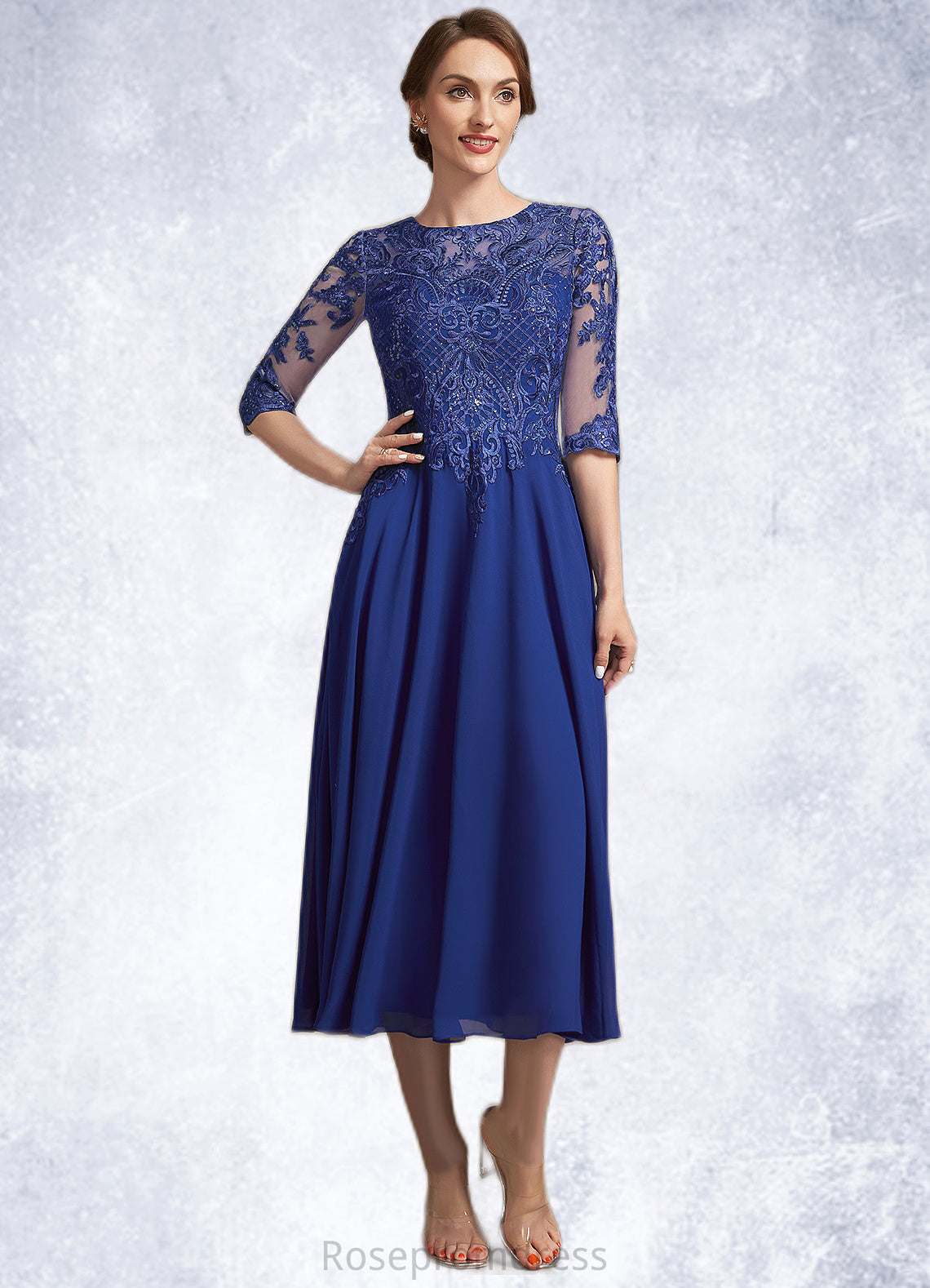 Nyla A-Line Scoop Neck Tea-Length Chiffon Lace Mother of the Bride Dress With Sequins SRS126P0014959