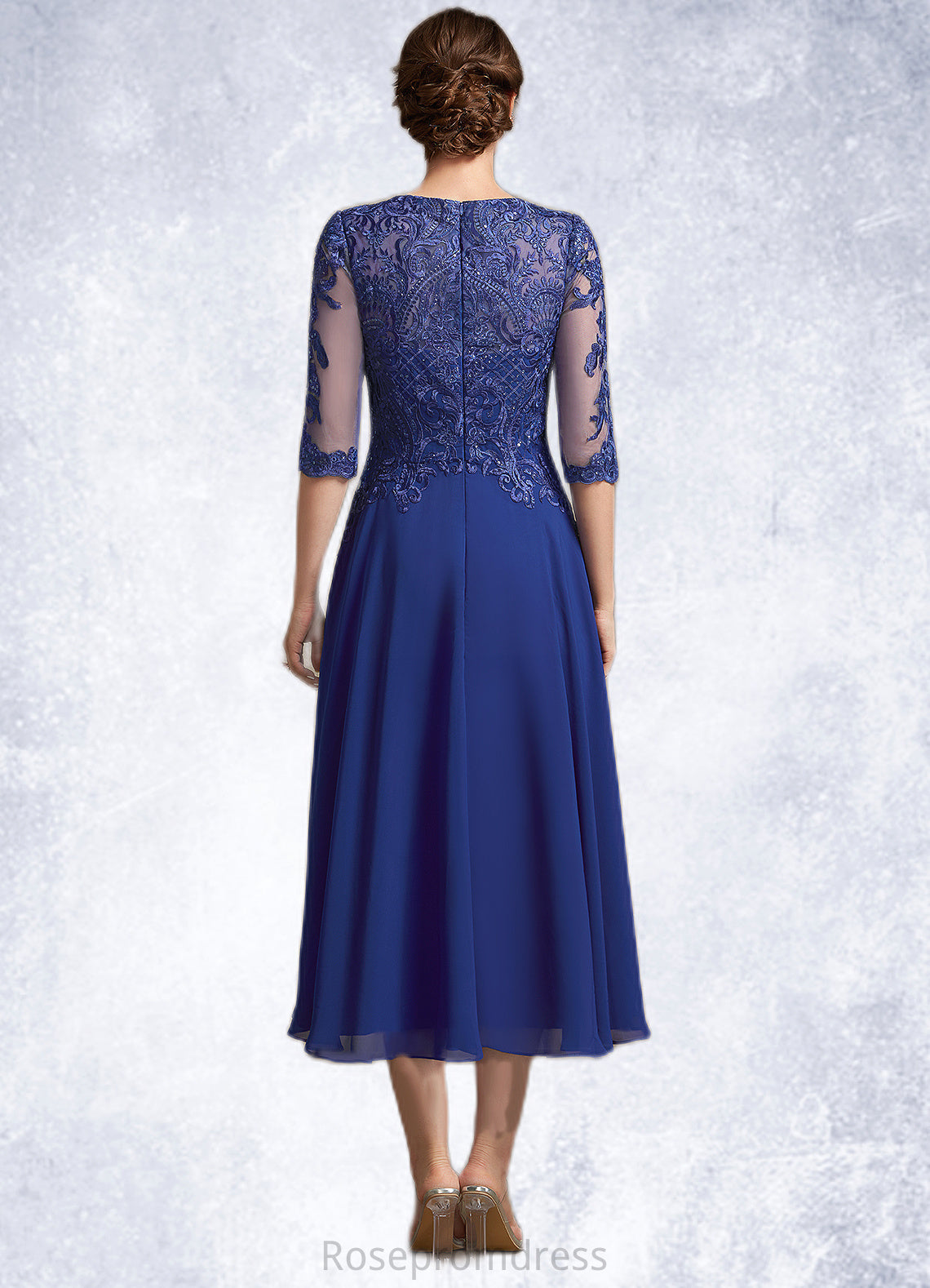 Nyla A-Line Scoop Neck Tea-Length Chiffon Lace Mother of the Bride Dress With Sequins SRS126P0014959