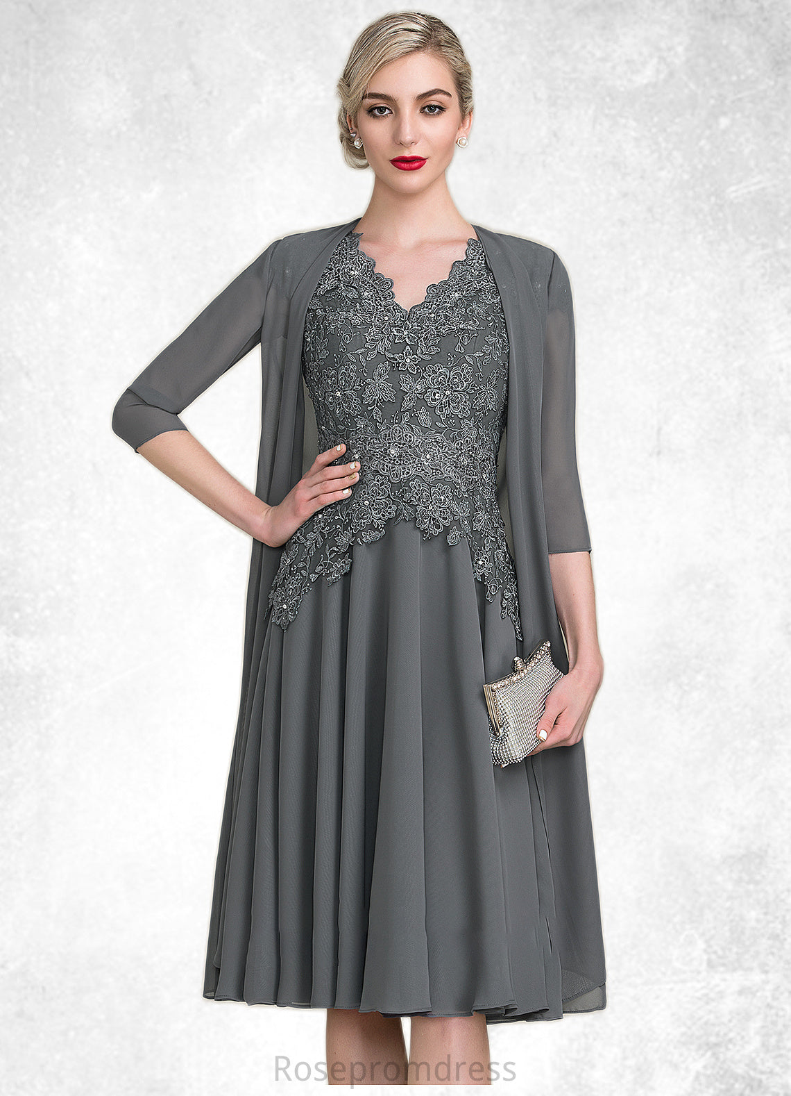 Scarlet A-Line V-neck Knee-Length Mother of the Bride Dress With Beading SRS126P0014965