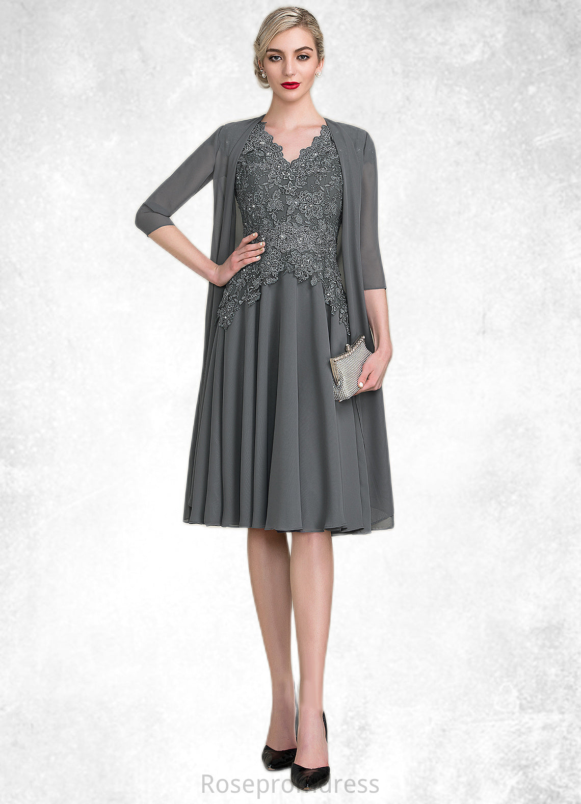 Scarlet A-Line V-neck Knee-Length Mother of the Bride Dress With Beading SRS126P0014965