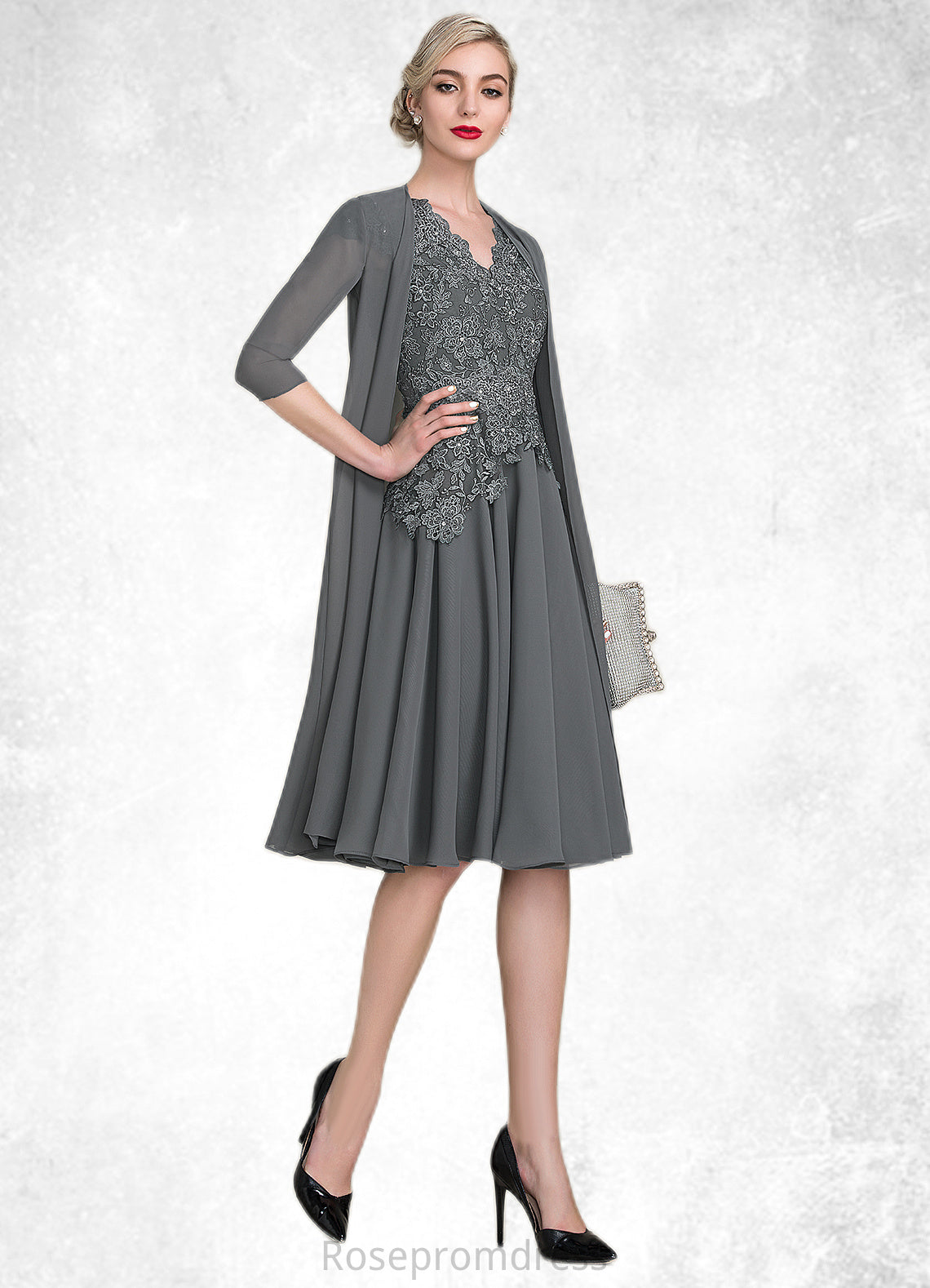 Scarlet A-Line V-neck Knee-Length Mother of the Bride Dress With Beading SRS126P0014965