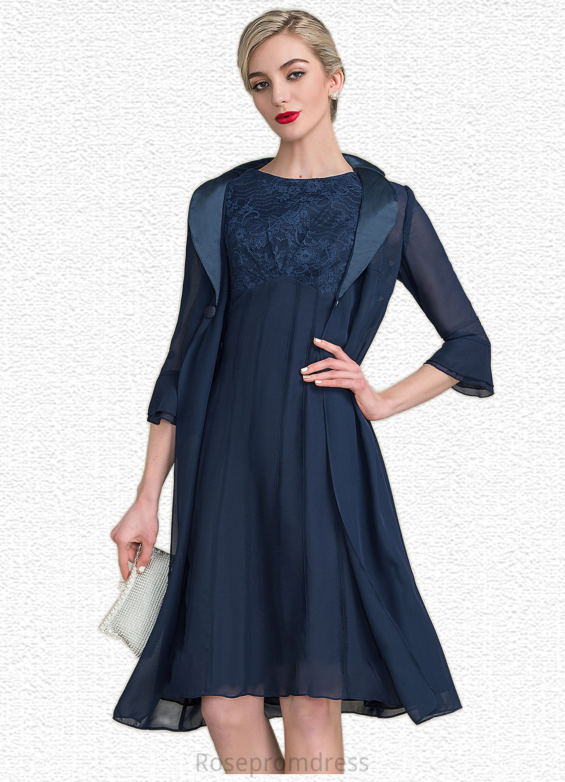 Cali A-Line Scoop Neck Knee-Length Chiffon Lace Mother of the Bride Dress With Ruffle SRS126P0014966