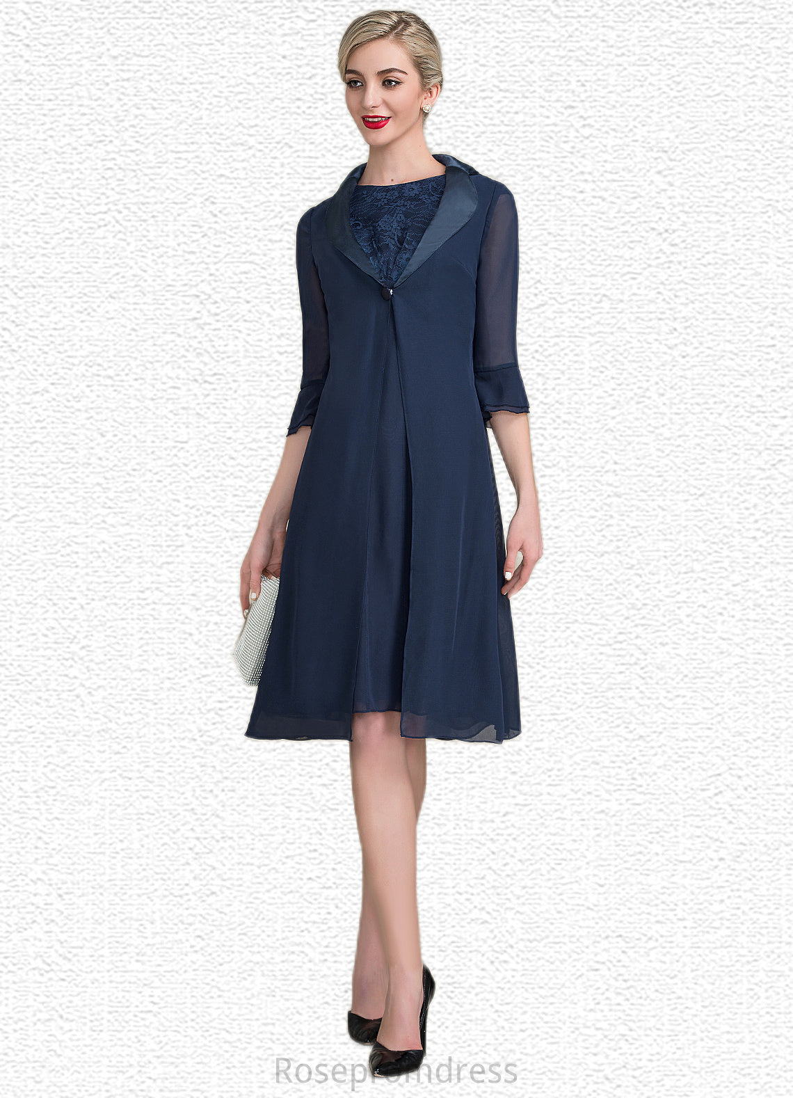 Cali A-Line Scoop Neck Knee-Length Chiffon Lace Mother of the Bride Dress With Ruffle SRS126P0014966