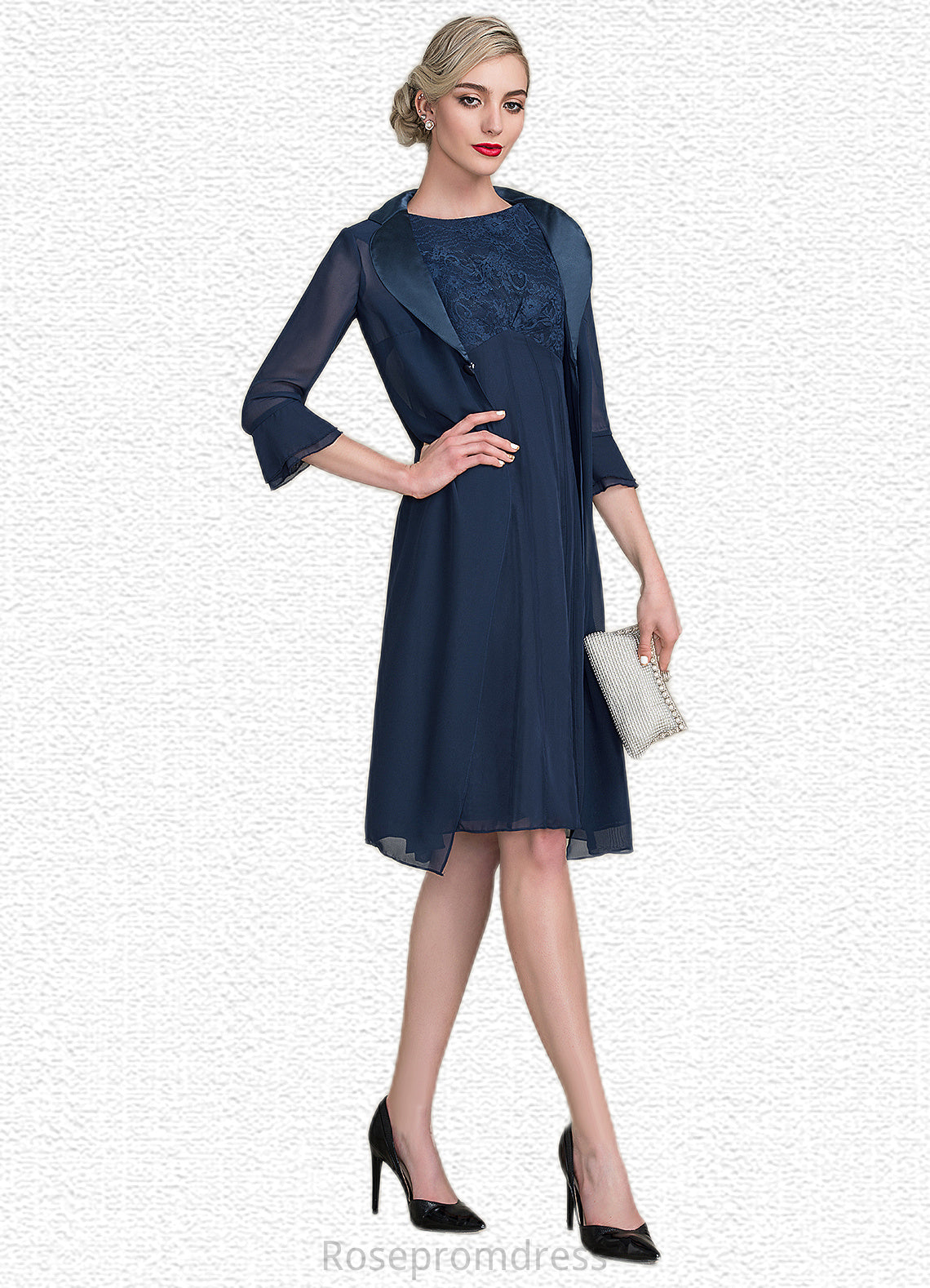 Cali A-Line Scoop Neck Knee-Length Chiffon Lace Mother of the Bride Dress With Ruffle SRS126P0014966