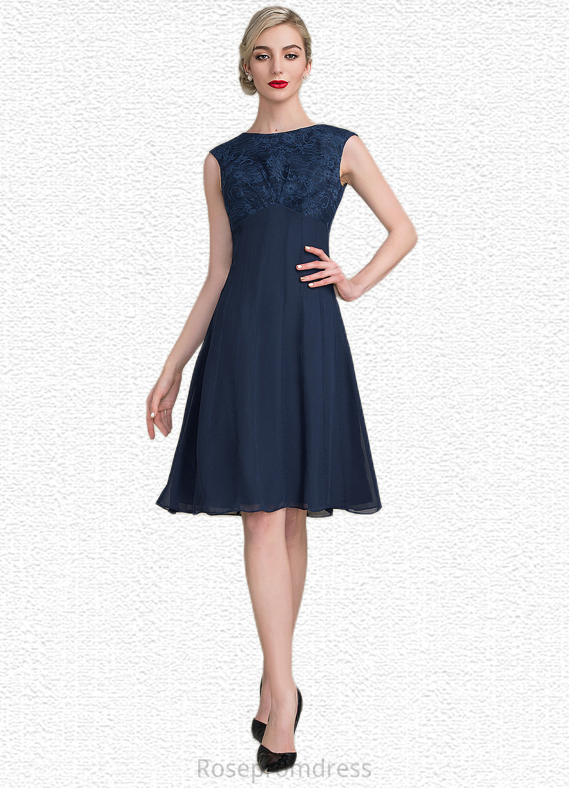 Cali A-Line Scoop Neck Knee-Length Chiffon Lace Mother of the Bride Dress With Ruffle SRS126P0014966