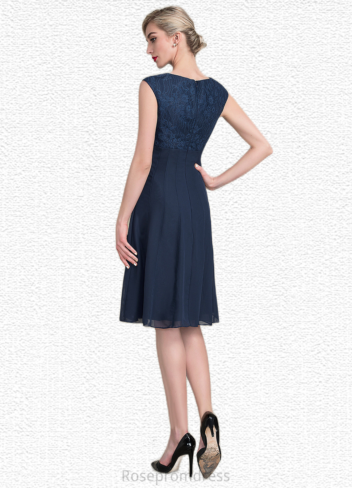 Cali A-Line Scoop Neck Knee-Length Chiffon Lace Mother of the Bride Dress With Ruffle SRS126P0014966