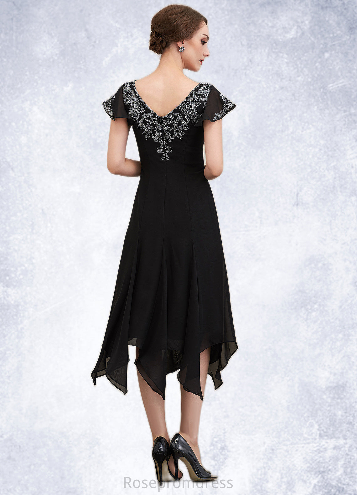 Skylar A-Line V-neck Tea-Length Chiffon Lace Mother of the Bride Dress With Sequins SRS126P0014967