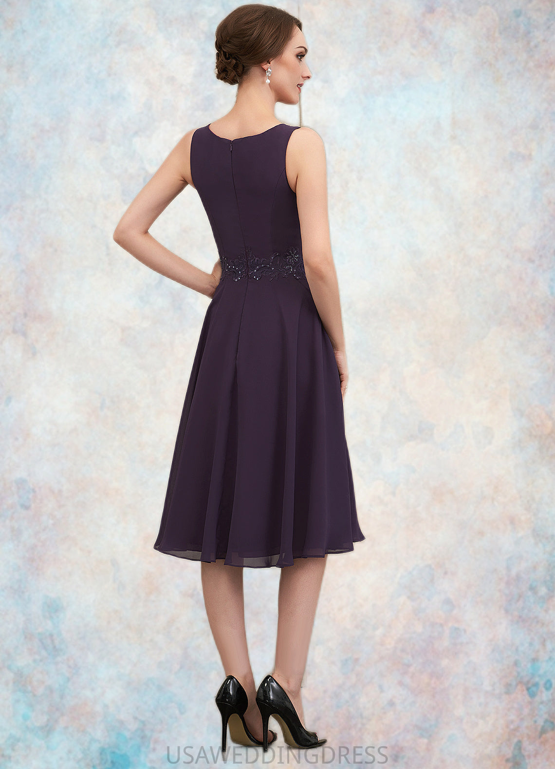 Lola A-Line Scoop Neck Knee-Length Chiffon Lace Mother of the Bride Dress With Sequins DS126P0014968