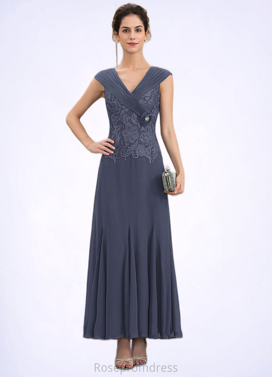 Jaylyn A-Line V-neck Ankle-Length Chiffon Lace Mother of the Bride Dress With Ruffle Beading SRS126P0014971