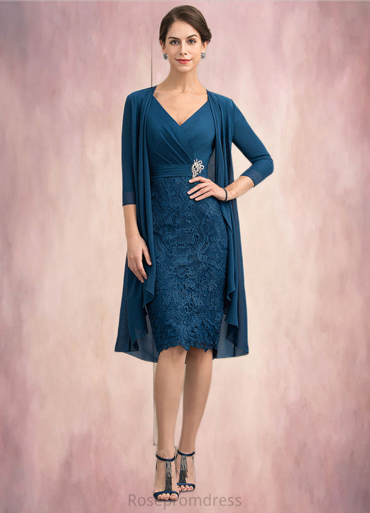 Delilah Sheath/Column V-neck Knee-Length Chiffon Lace Mother of the Bride Dress With Crystal Brooch SRS126P0014972