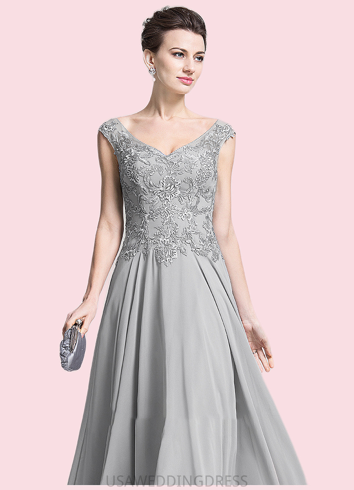 Tia A-Line V-neck Floor-Length Chiffon Mother of the Bride Dress With Appliques Lace DS126P0014974