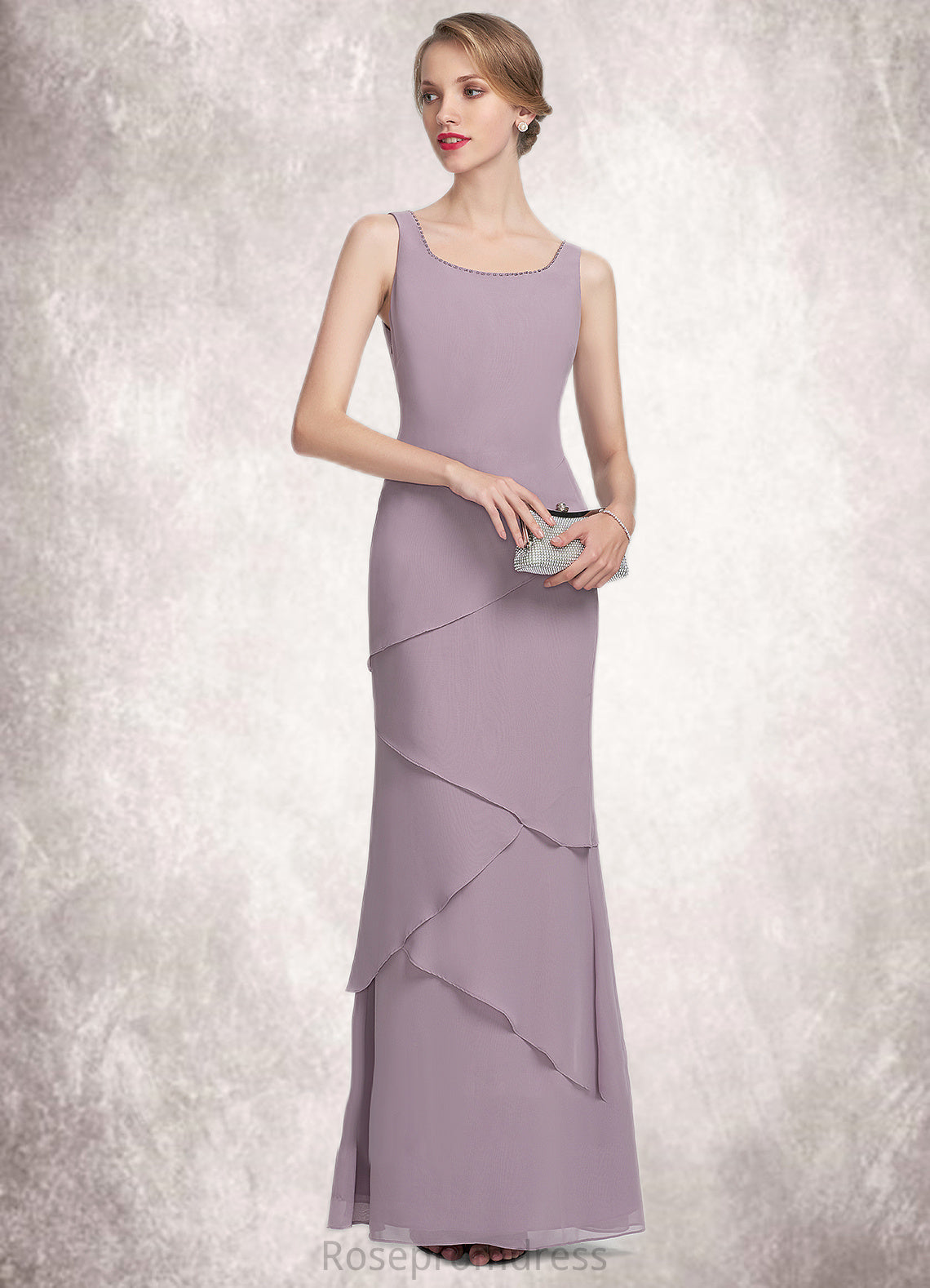 Teresa Sheath/Column Scoop Neck Floor-Length Chiffon Mother of the Bride Dress With Beading Cascading Ruffles SRS126P0014975