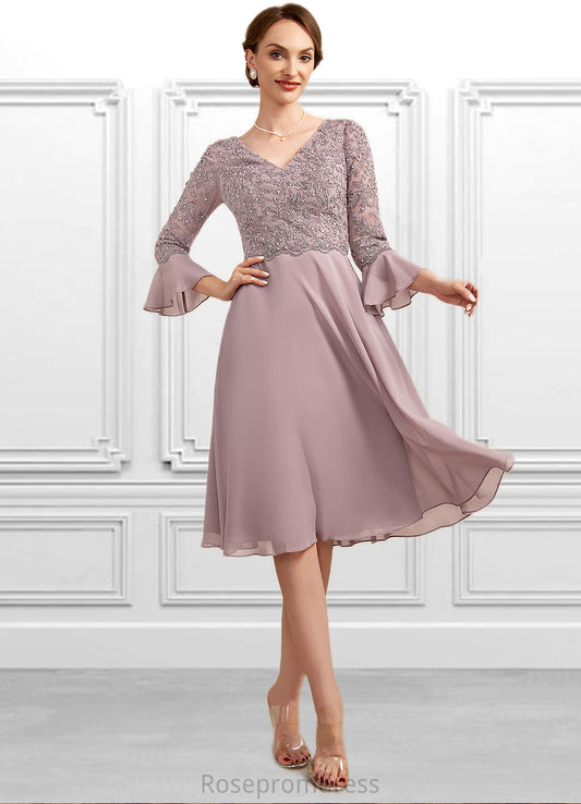 Ellie A-Line V-neck Knee-Length Chiffon Lace Mother of the Bride Dress With Sequins Cascading Ruffles SRS126P0014977