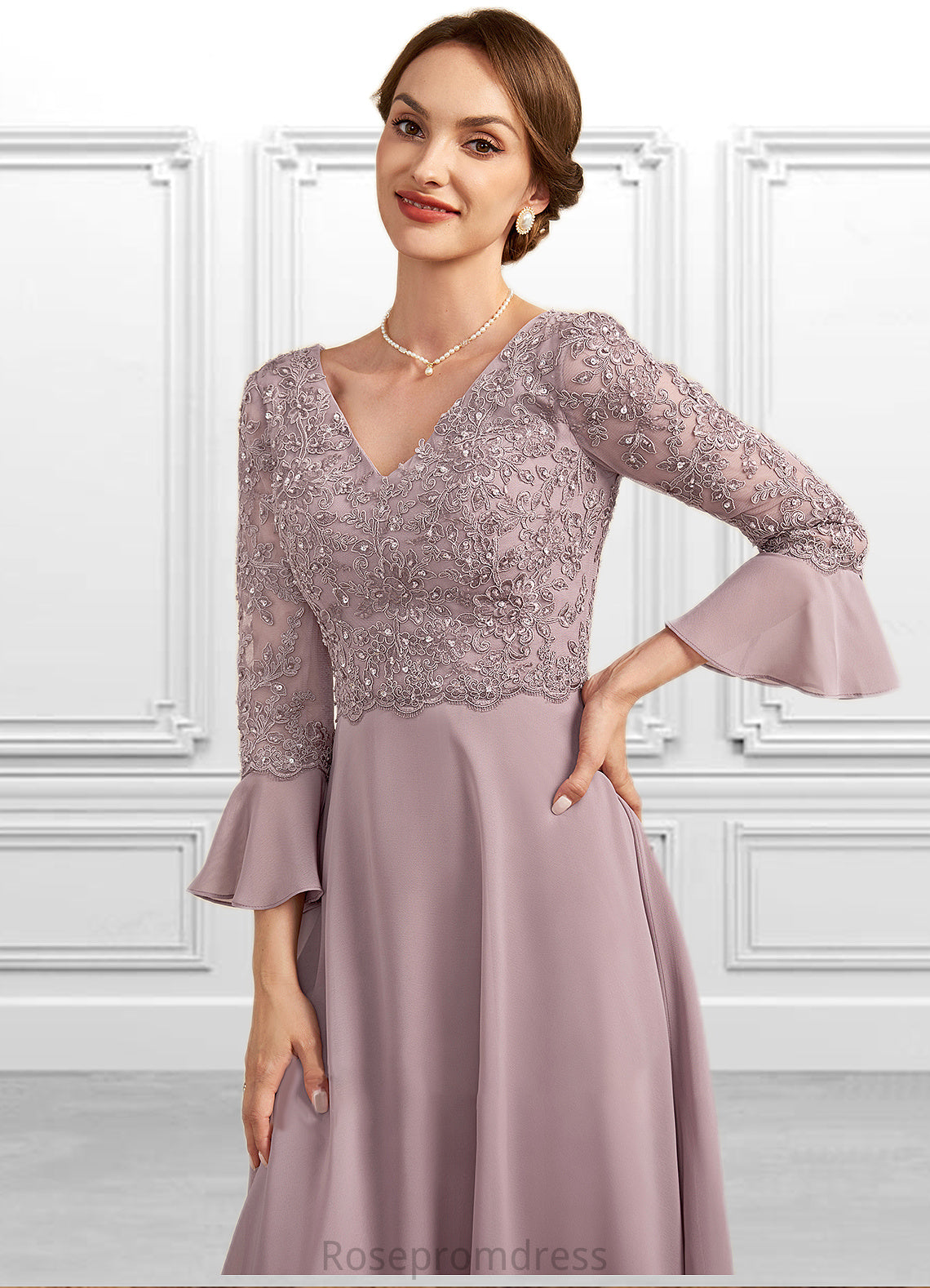 Ellie A-Line V-neck Knee-Length Chiffon Lace Mother of the Bride Dress With Sequins Cascading Ruffles SRS126P0014977
