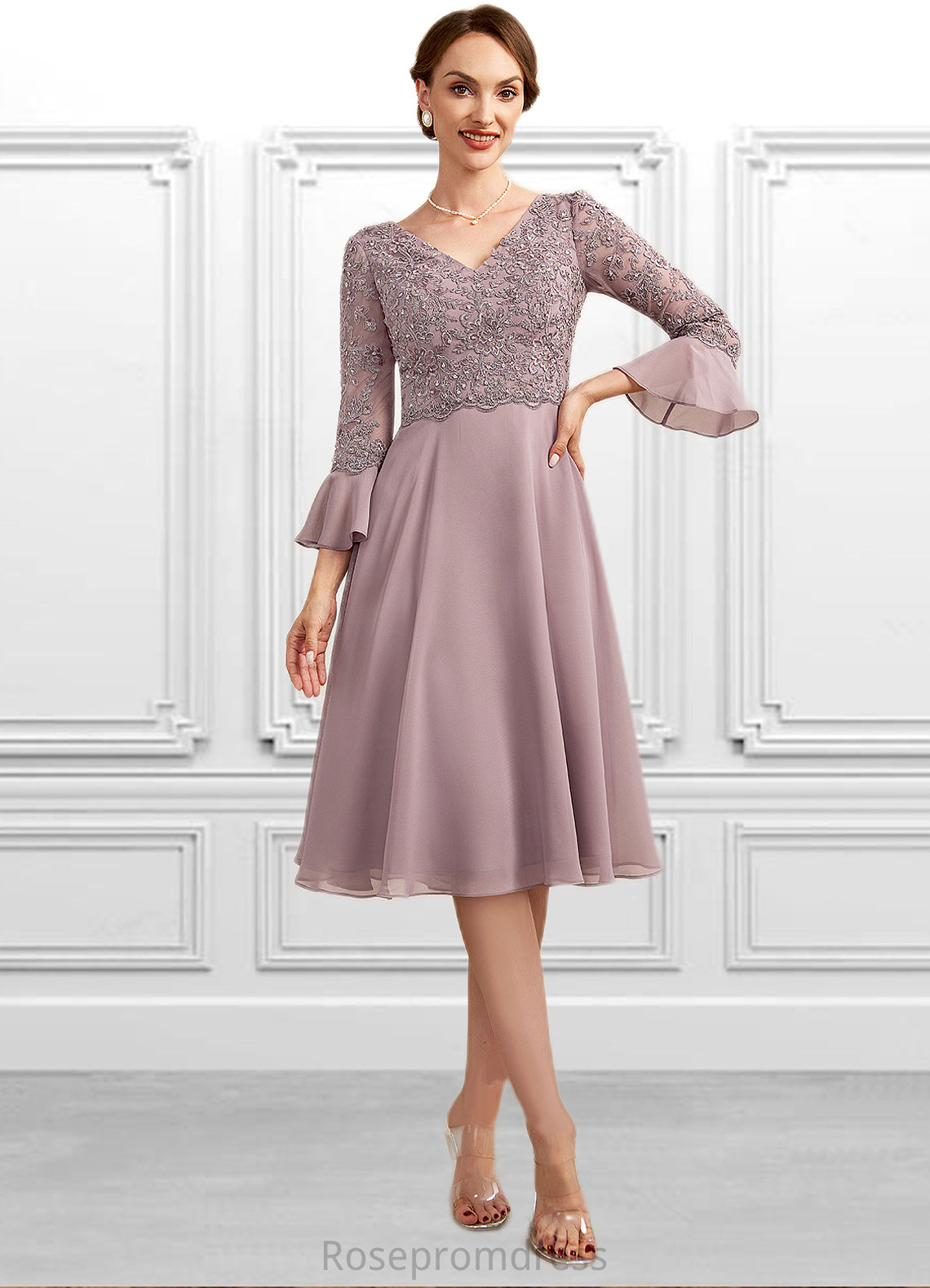Ellie A-Line V-neck Knee-Length Chiffon Lace Mother of the Bride Dress With Sequins Cascading Ruffles SRS126P0014977