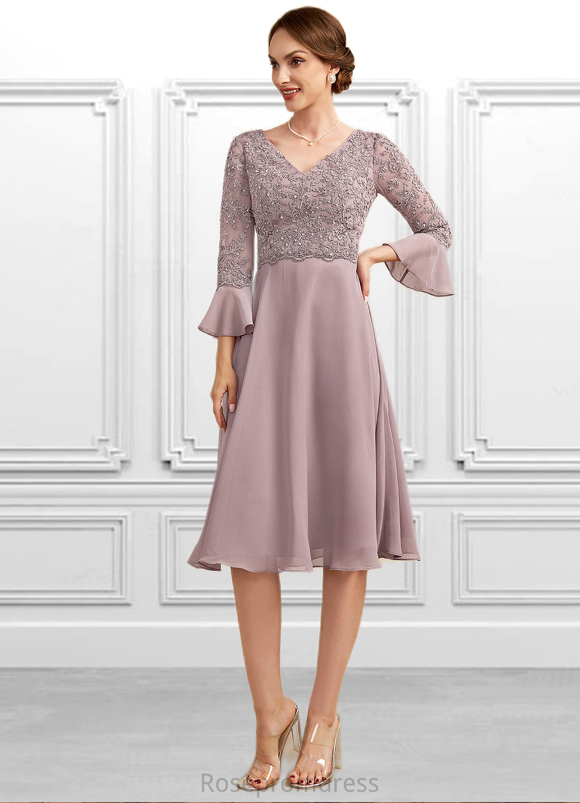 Ellie A-Line V-neck Knee-Length Chiffon Lace Mother of the Bride Dress With Sequins Cascading Ruffles SRS126P0014977