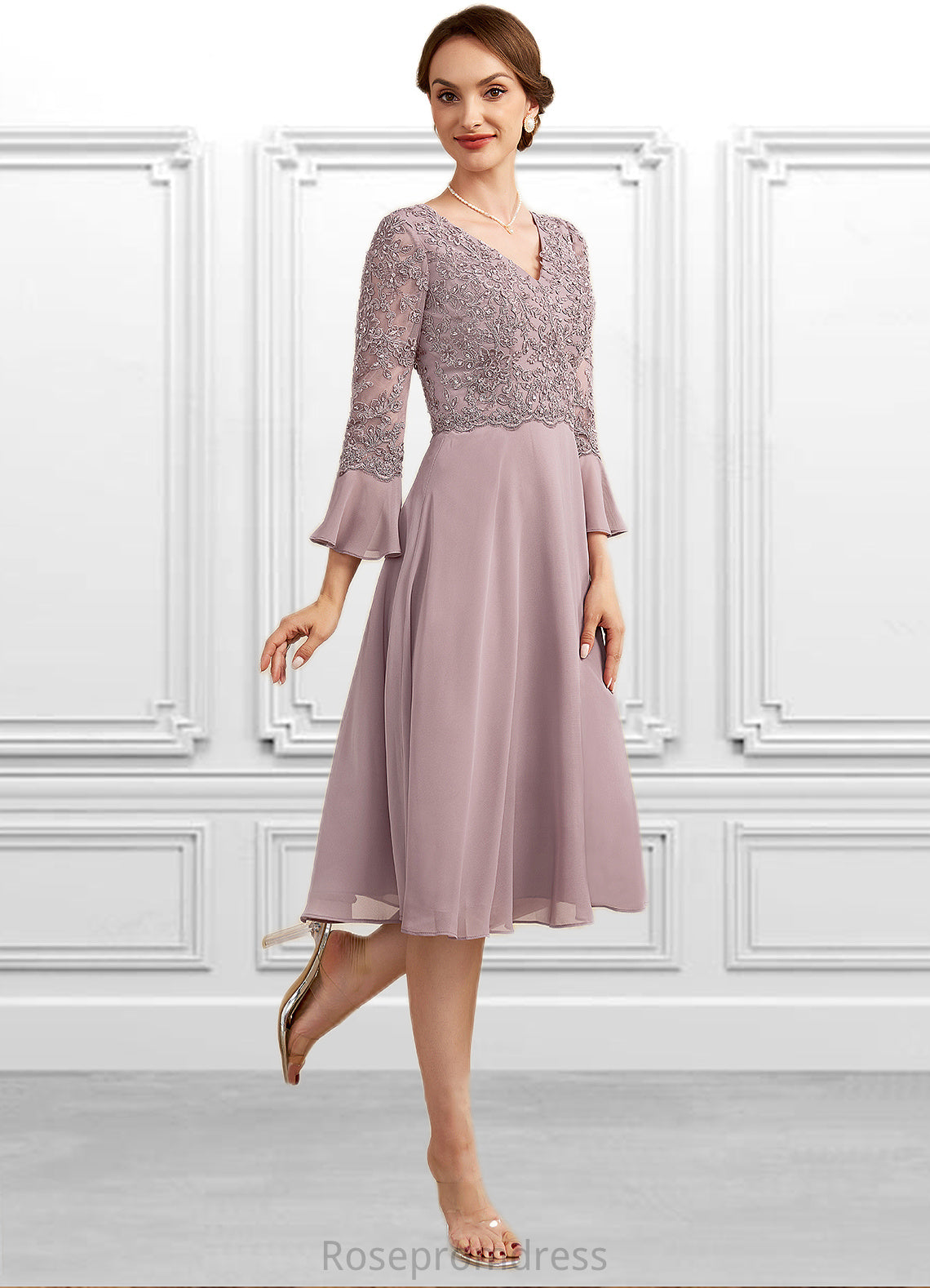 Ellie A-Line V-neck Knee-Length Chiffon Lace Mother of the Bride Dress With Sequins Cascading Ruffles SRS126P0014977