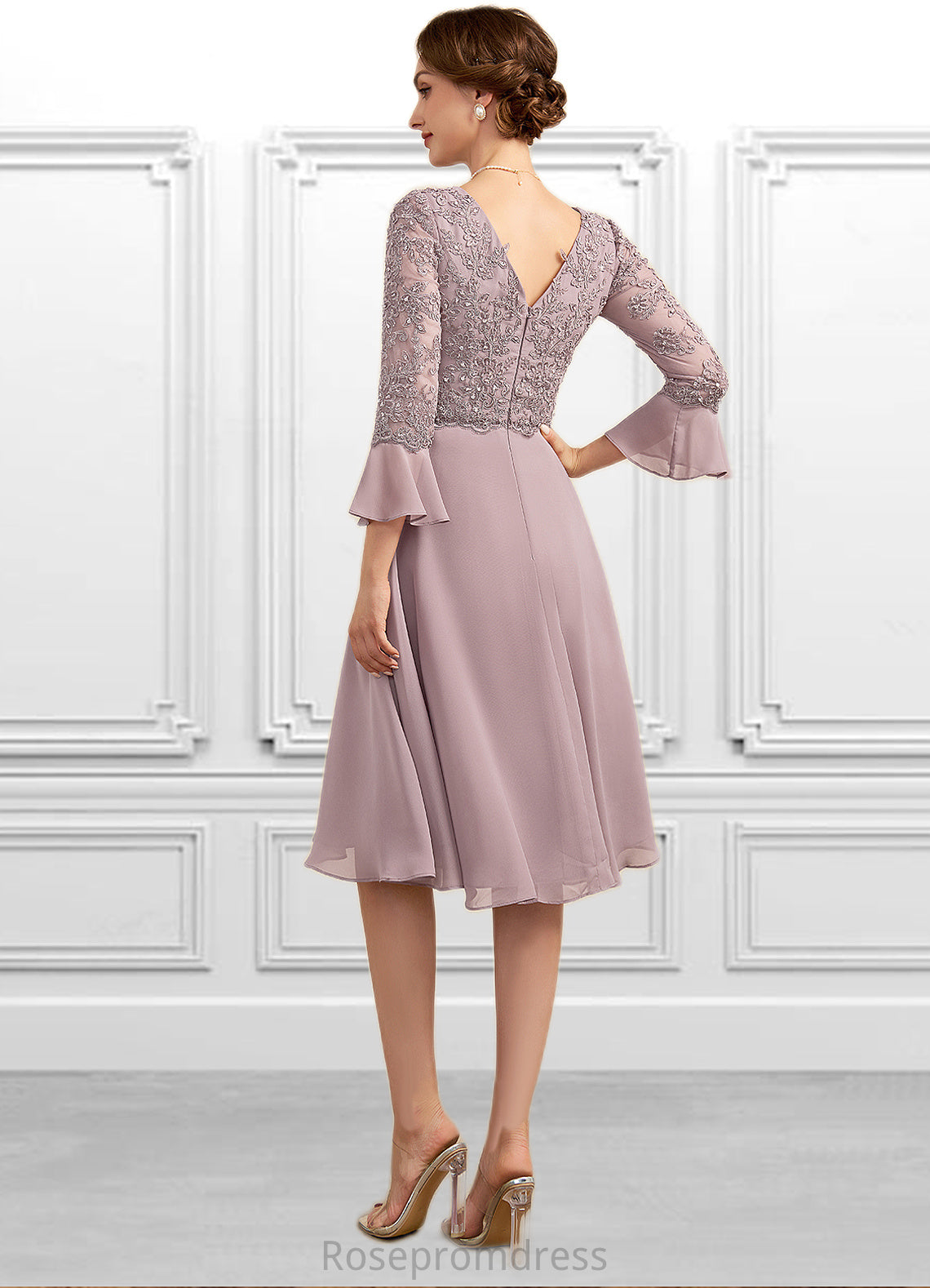 Ellie A-Line V-neck Knee-Length Chiffon Lace Mother of the Bride Dress With Sequins Cascading Ruffles SRS126P0014977