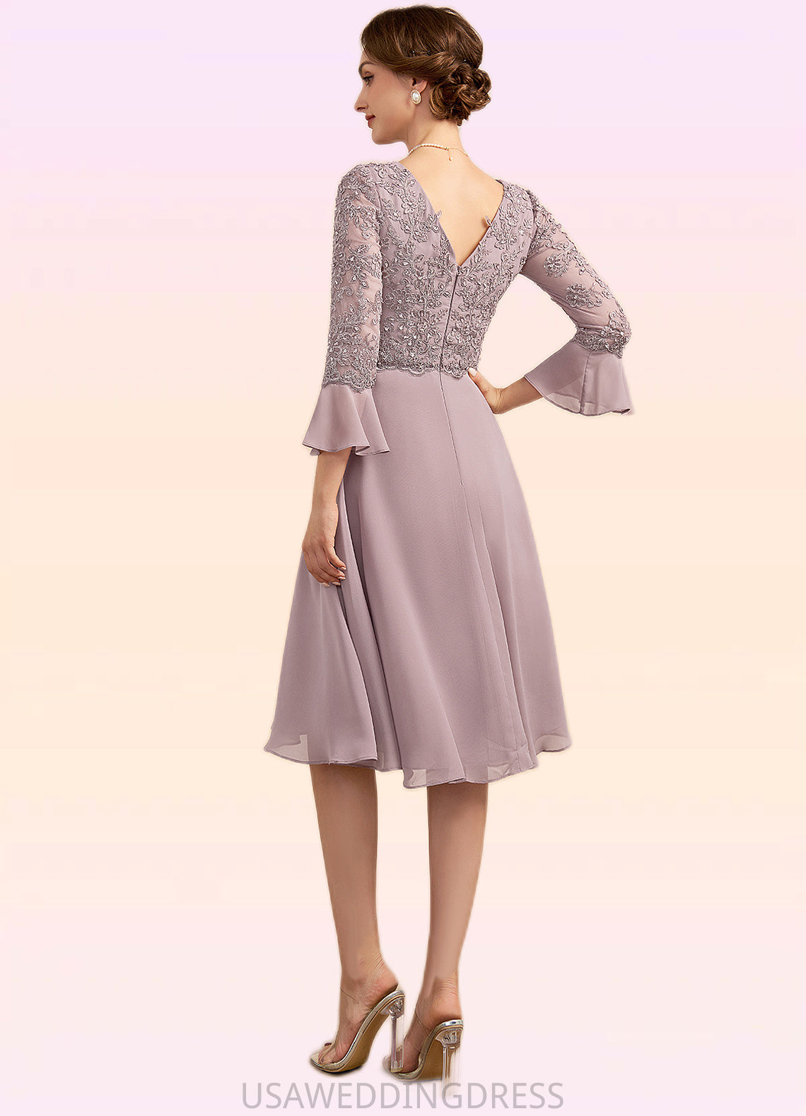 Stephany A-Line V-neck Knee-Length Chiffon Lace Mother of the Bride Dress With Sequins Cascading Ruffles DS126P0014977