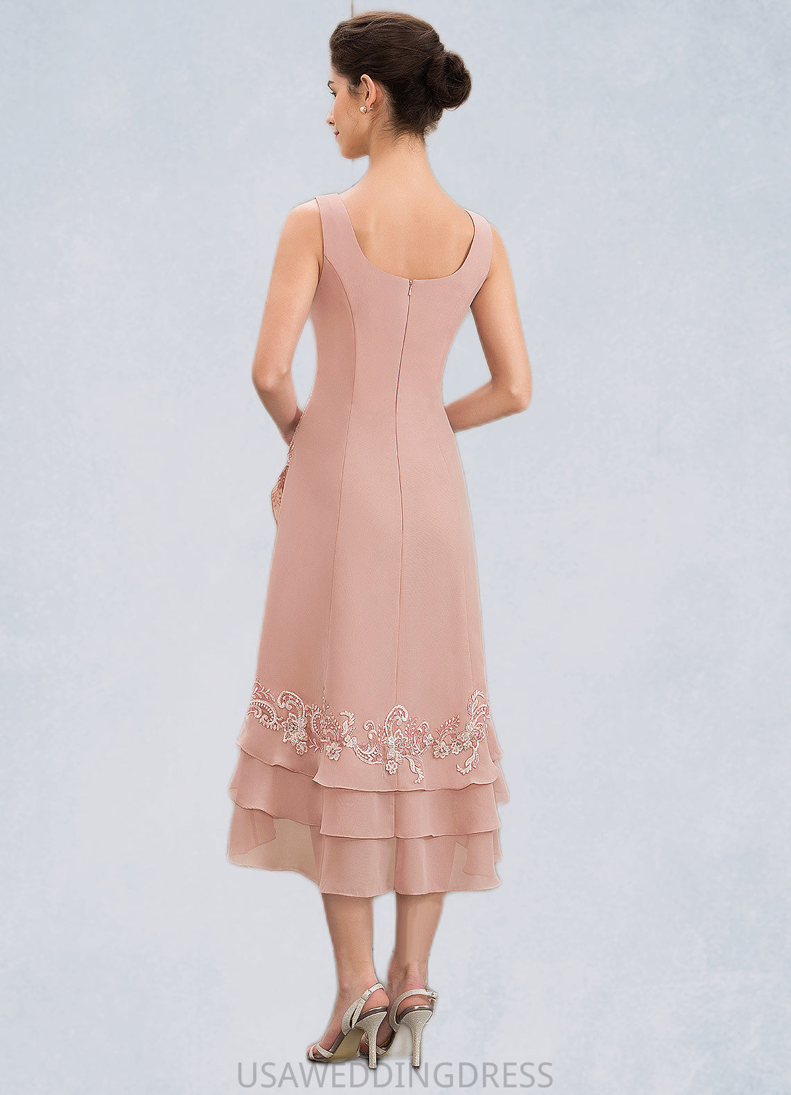 Belinda A-Line Square Neckline Asymmetrical Chiffon Mother of the Bride Dress With Appliques Lace Cascading Ruffles DS126P0014978