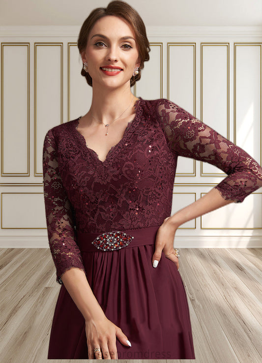Braelyn A-Line V-neck Asymmetrical Chiffon Lace Mother of the Bride Dress With Beading Sequins SRS126P0014980