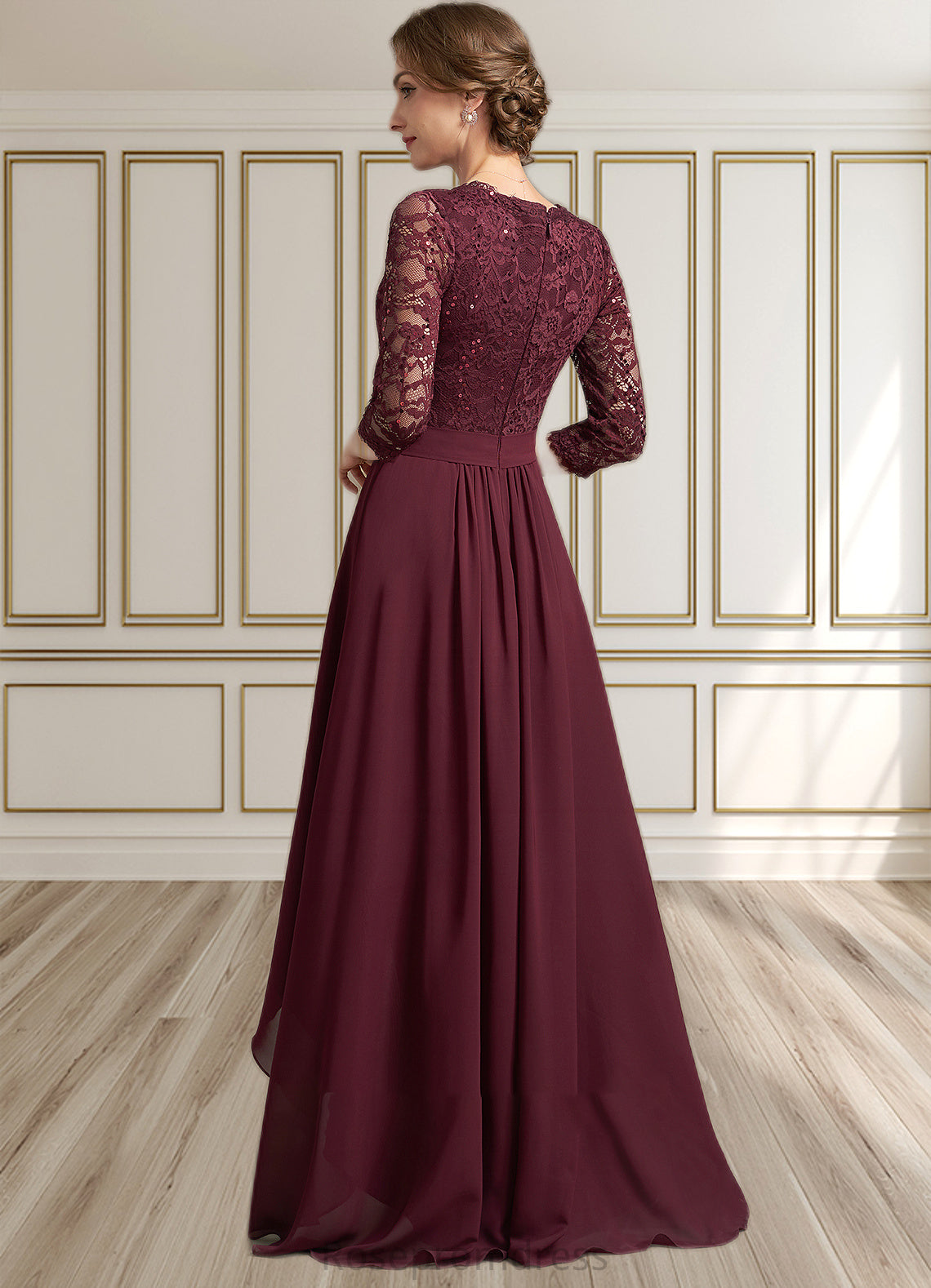 Braelyn A-Line V-neck Asymmetrical Chiffon Lace Mother of the Bride Dress With Beading Sequins SRS126P0014980