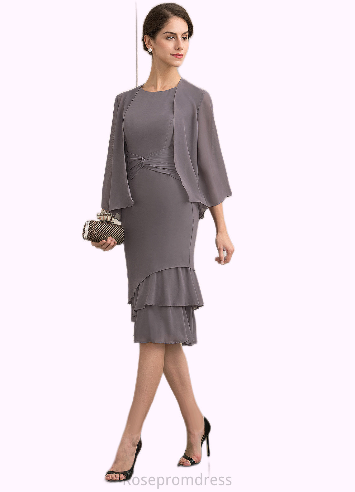 Elliana A-Line Scoop Neck Knee-Length Chiffon Mother of the Bride Dress With Cascading Ruffles SRS126P0014981